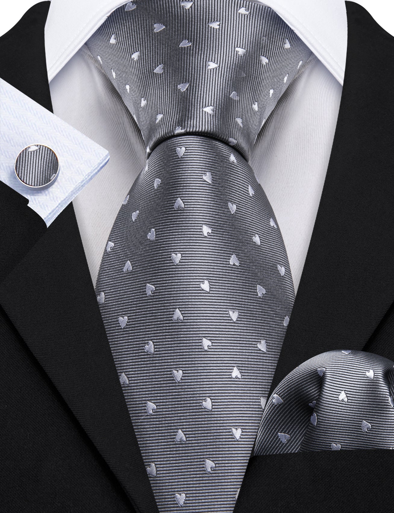  Grey Ties White Heart Pattern Necktie Hanky Cufflinks Set