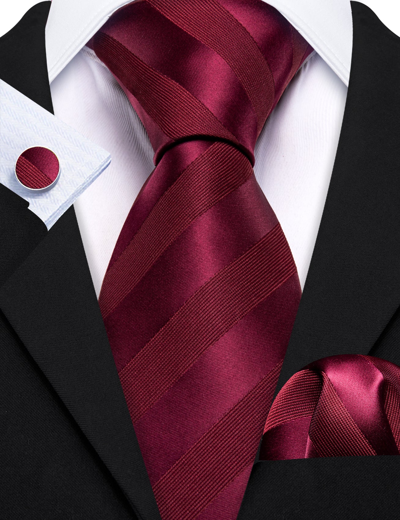 Burgundy Red Striped Silk Tie Pocket Square Cufflinks Set