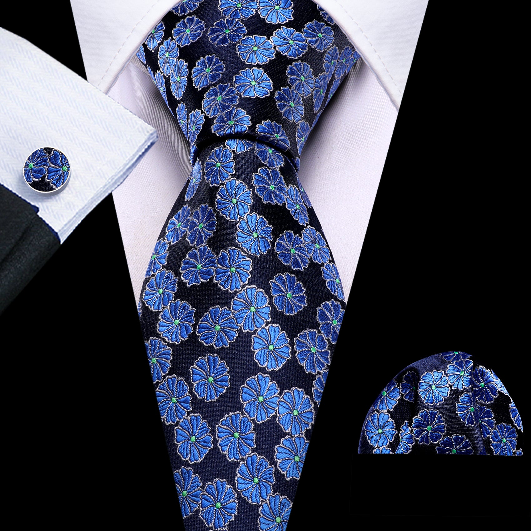 blue flower tie with white shirt black suit 