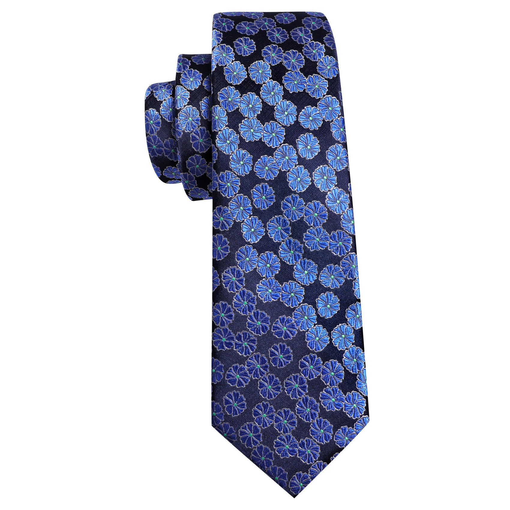 Black Blue Flower Floral Silk Tie Handkerchief Cufflinks Set