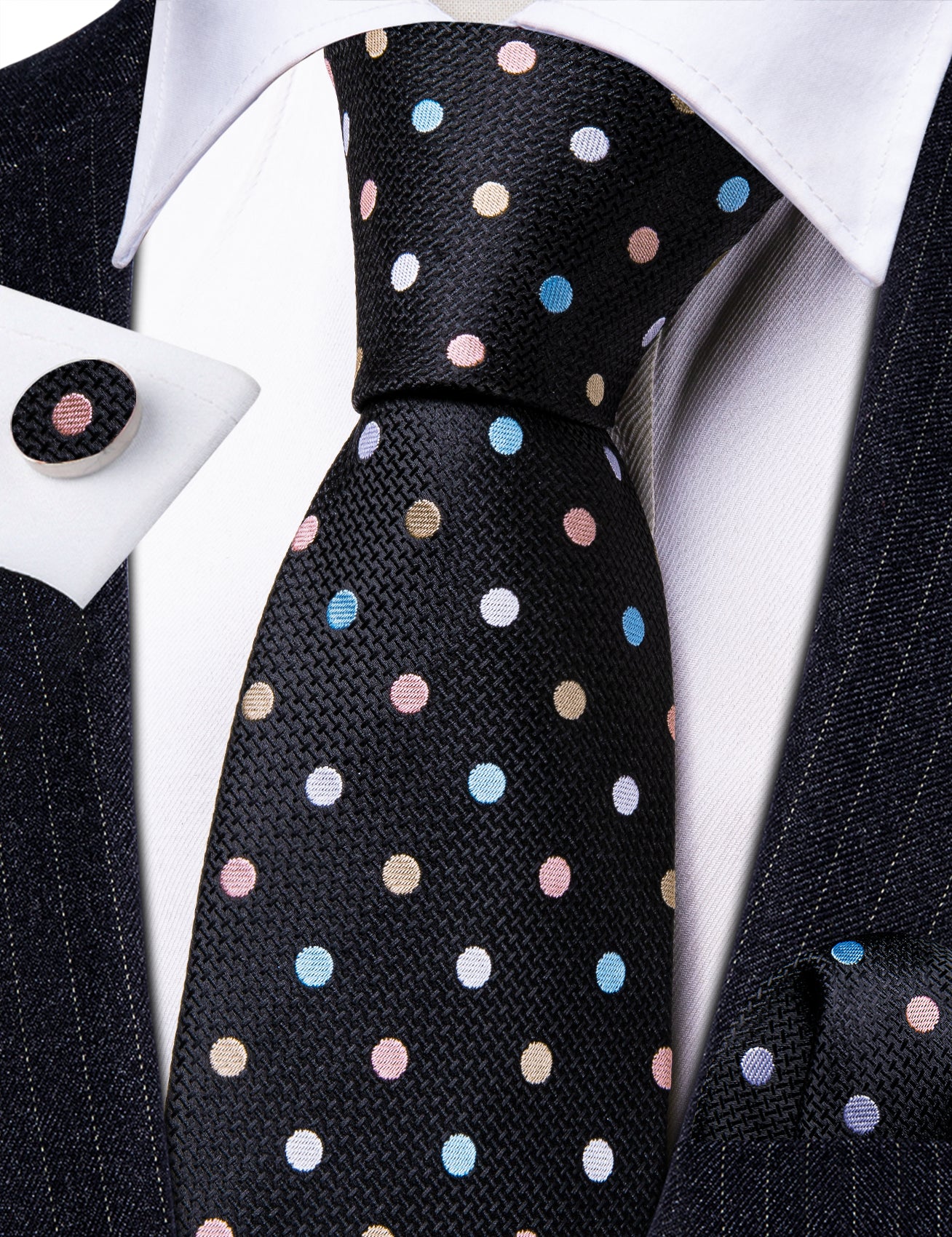 Black Pink Blue Polka Dot Silk Tie Handkerchief Cufflinks Set