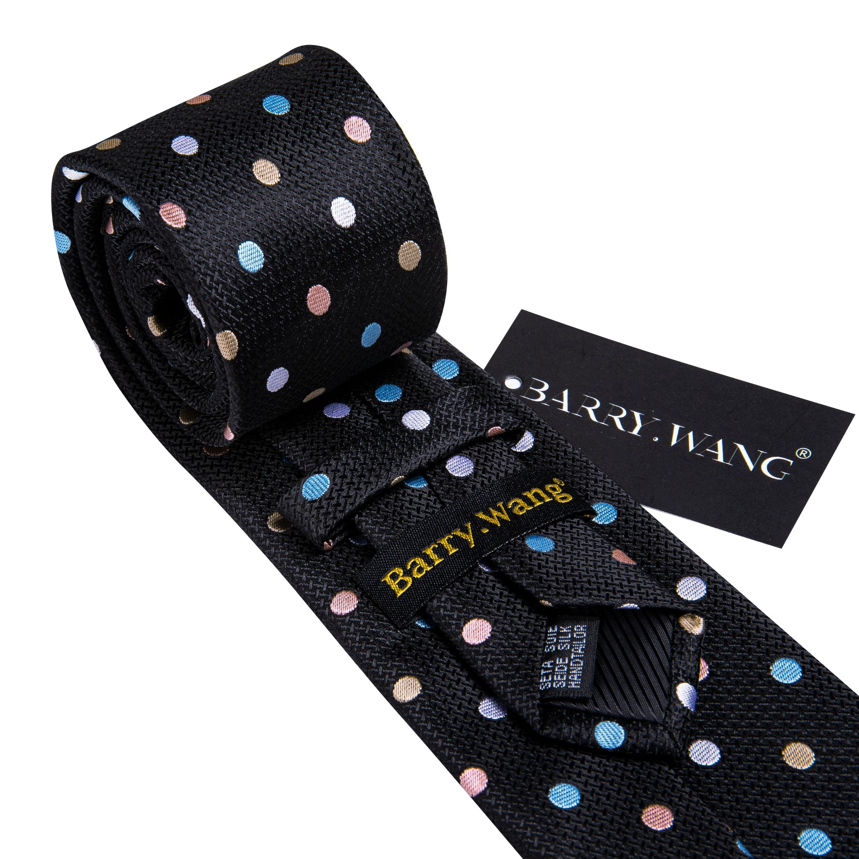 Black Pink Blue Polka Dot Silk Tie Handkerchief Cufflinks Set