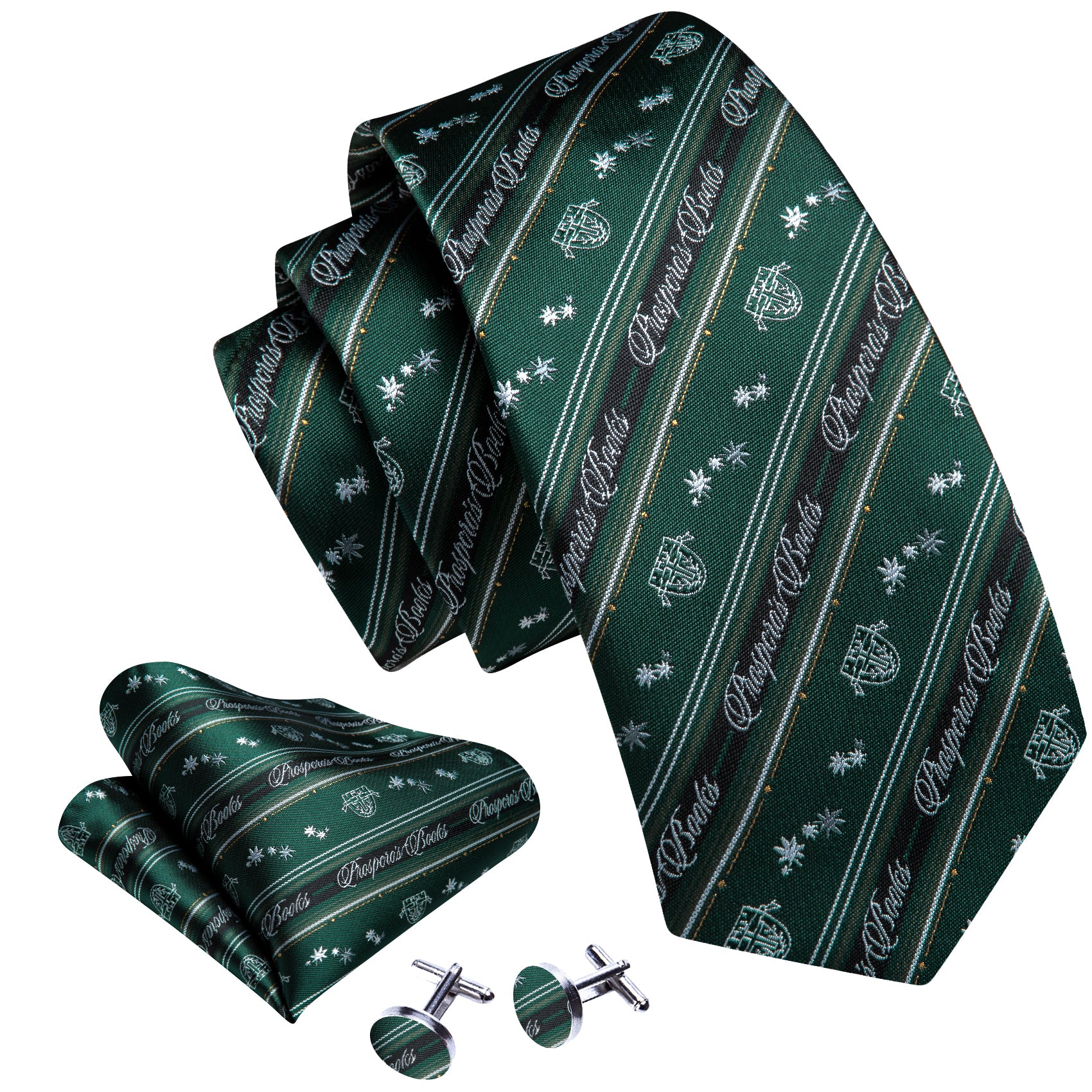 Green Floral Striped Silk Tie Handkerchief Cufflinks Set