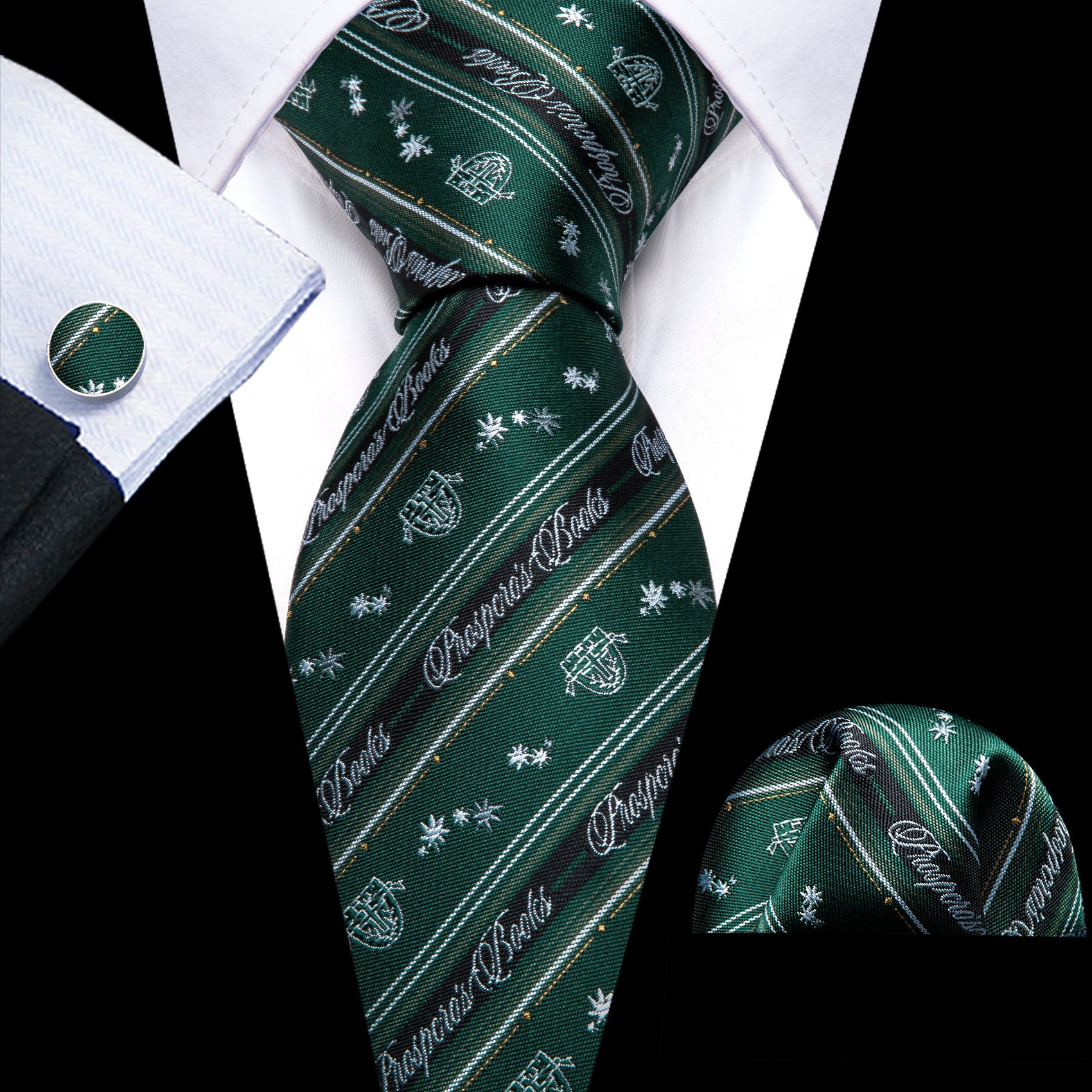  Dark Green Floral Striped Silk Tie Handkerchief Cufflinks Set