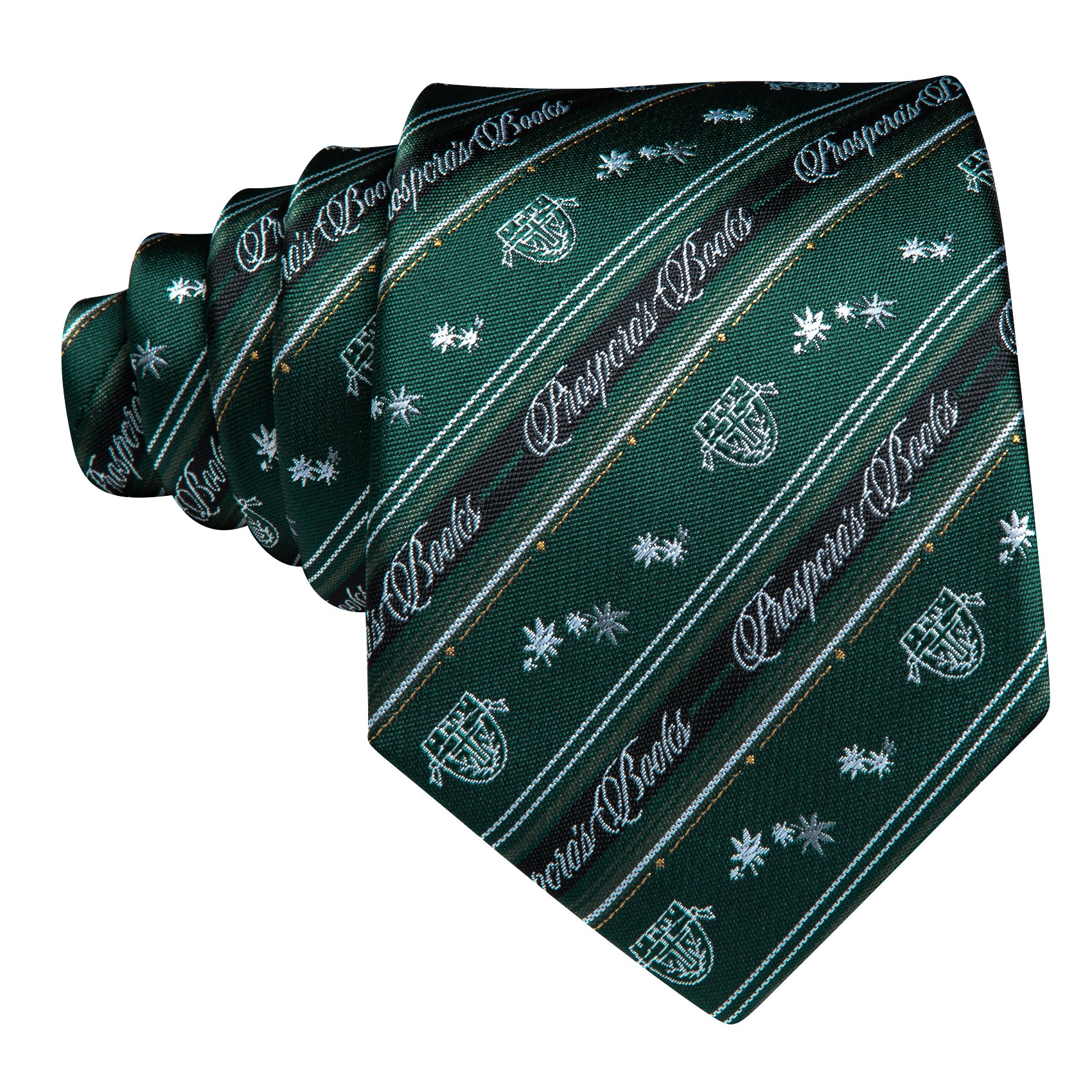  Dark Green Floral Striped Silk Tie Handkerchief Cufflinks Set
