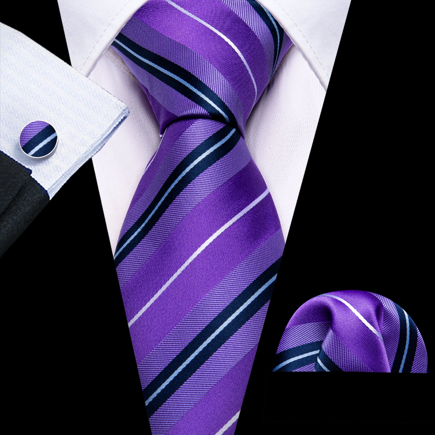 Purple White Striped Silk Tie Pocket Square Cufflinks Set