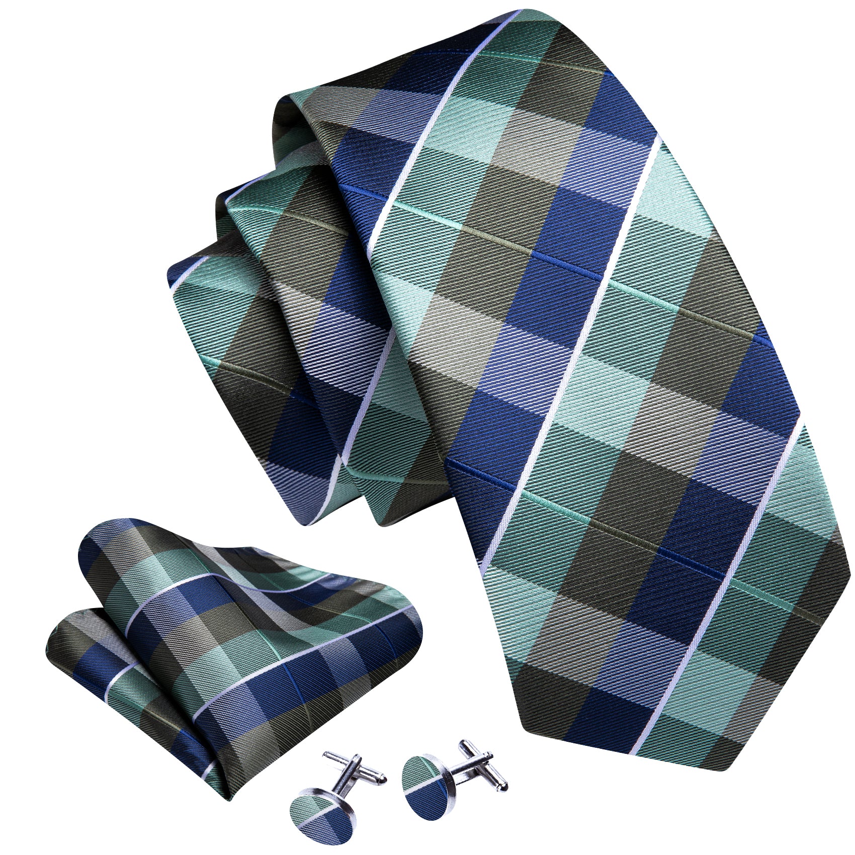  Novetly Blue Green Plaid Tie Pocket Square Cufflinks Set