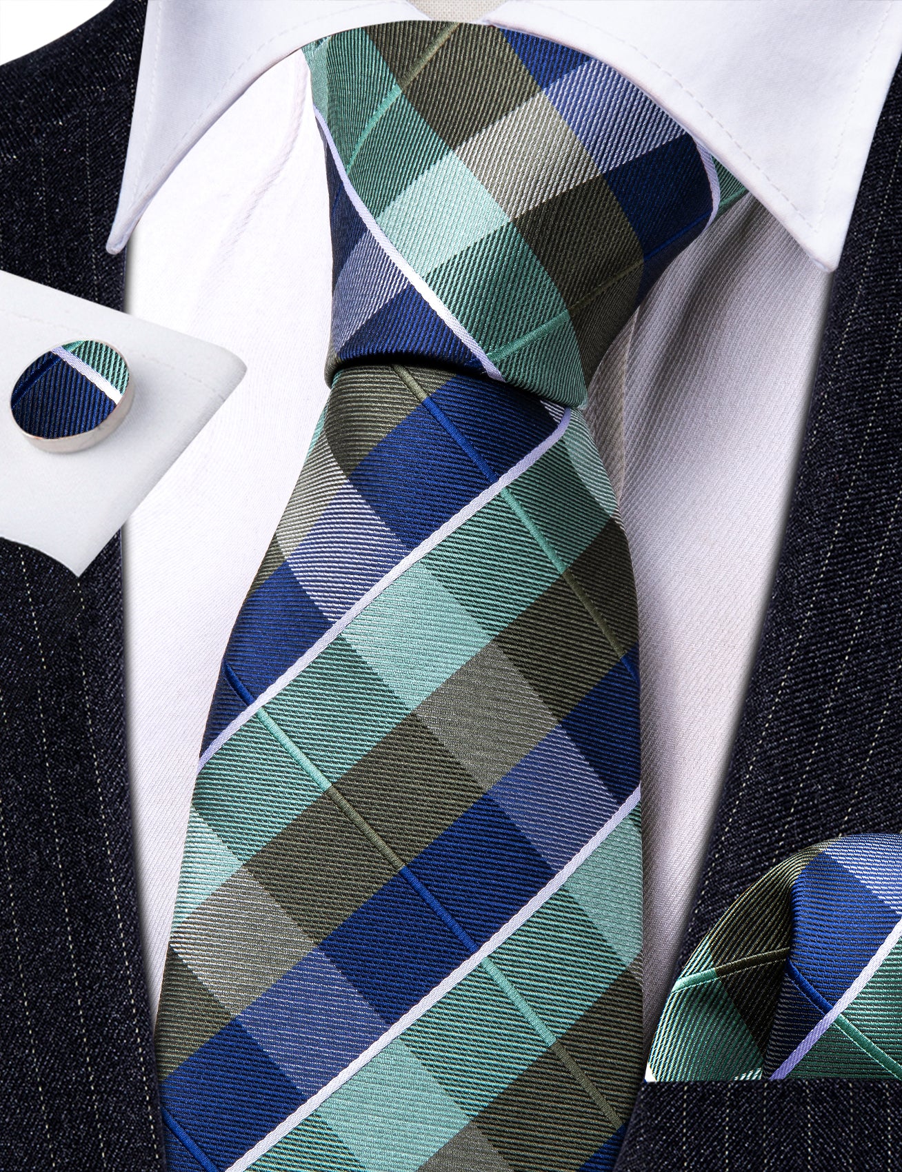 Novetly Blue Green Plaid Silk Tie Pocket Square Cufflinks Set