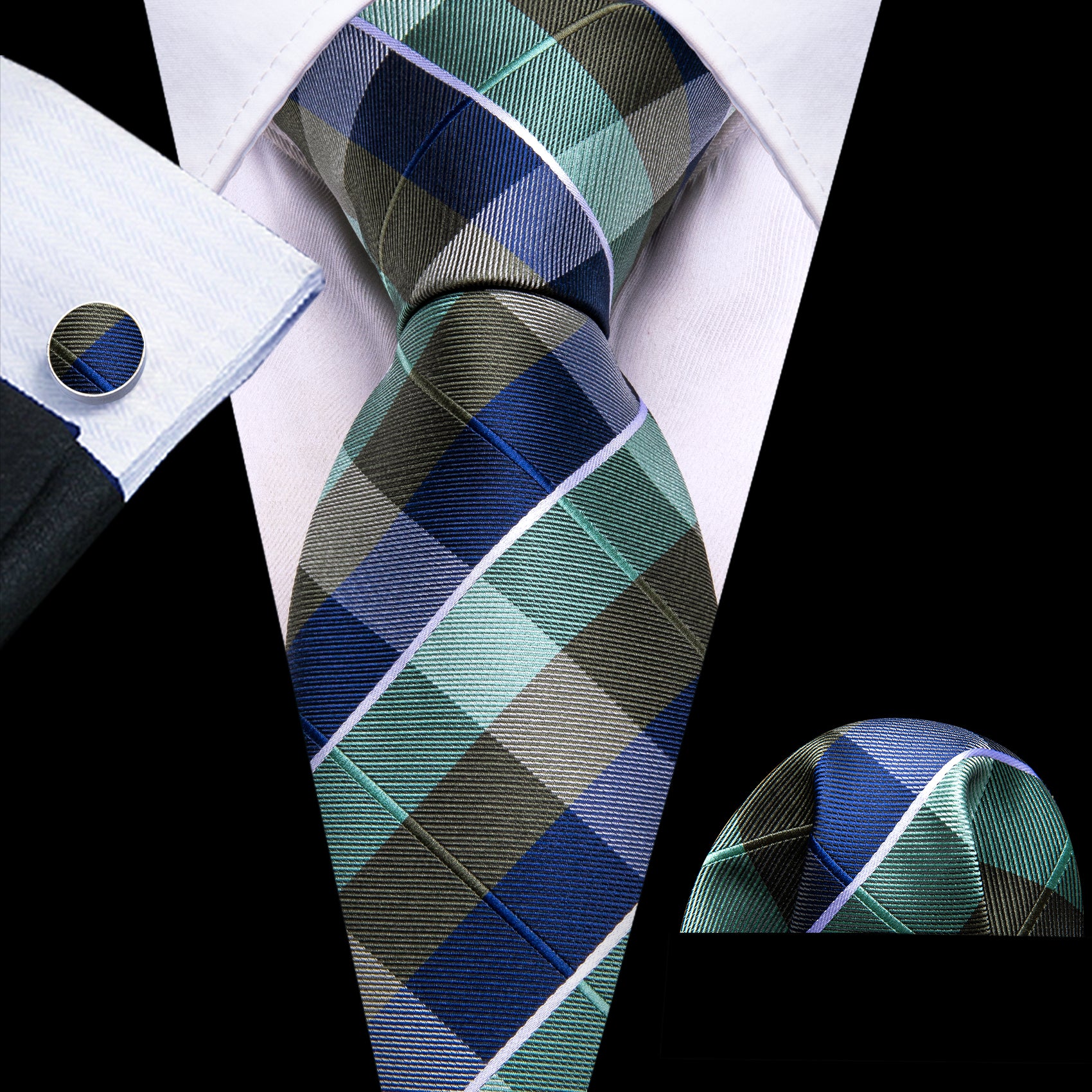  Novetly Blue Green Plaid Tie Pocket Square Cufflinks Set