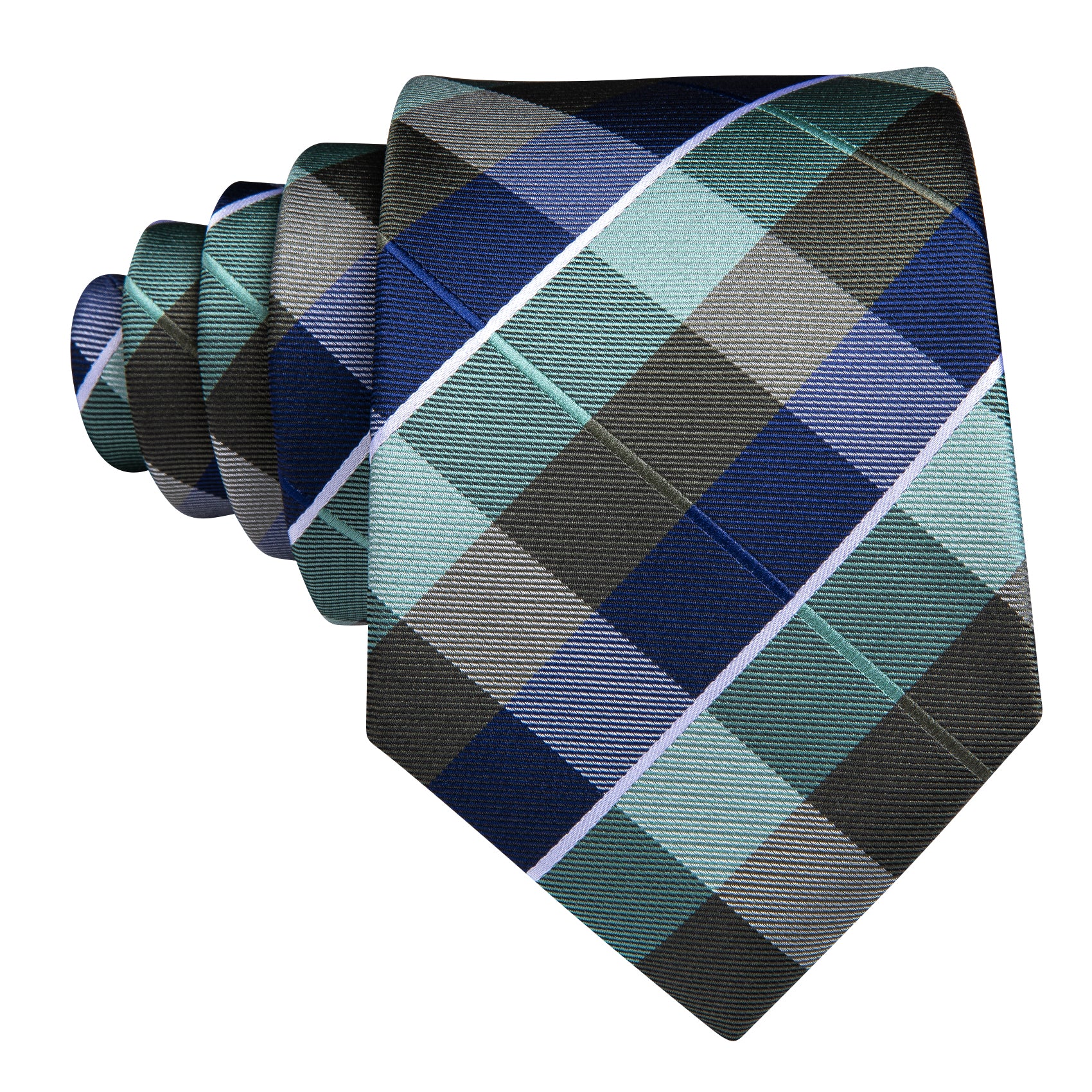 Blue Brown Sage Green white checkered men's  plaid necktie 