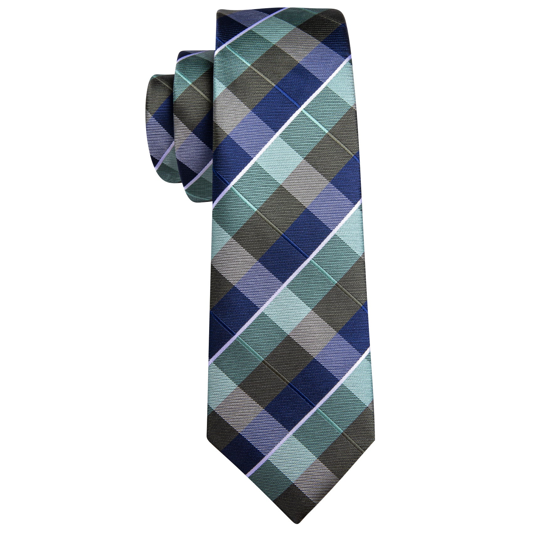 Blue Brown Sage Green white checkered men's  plaid necktie