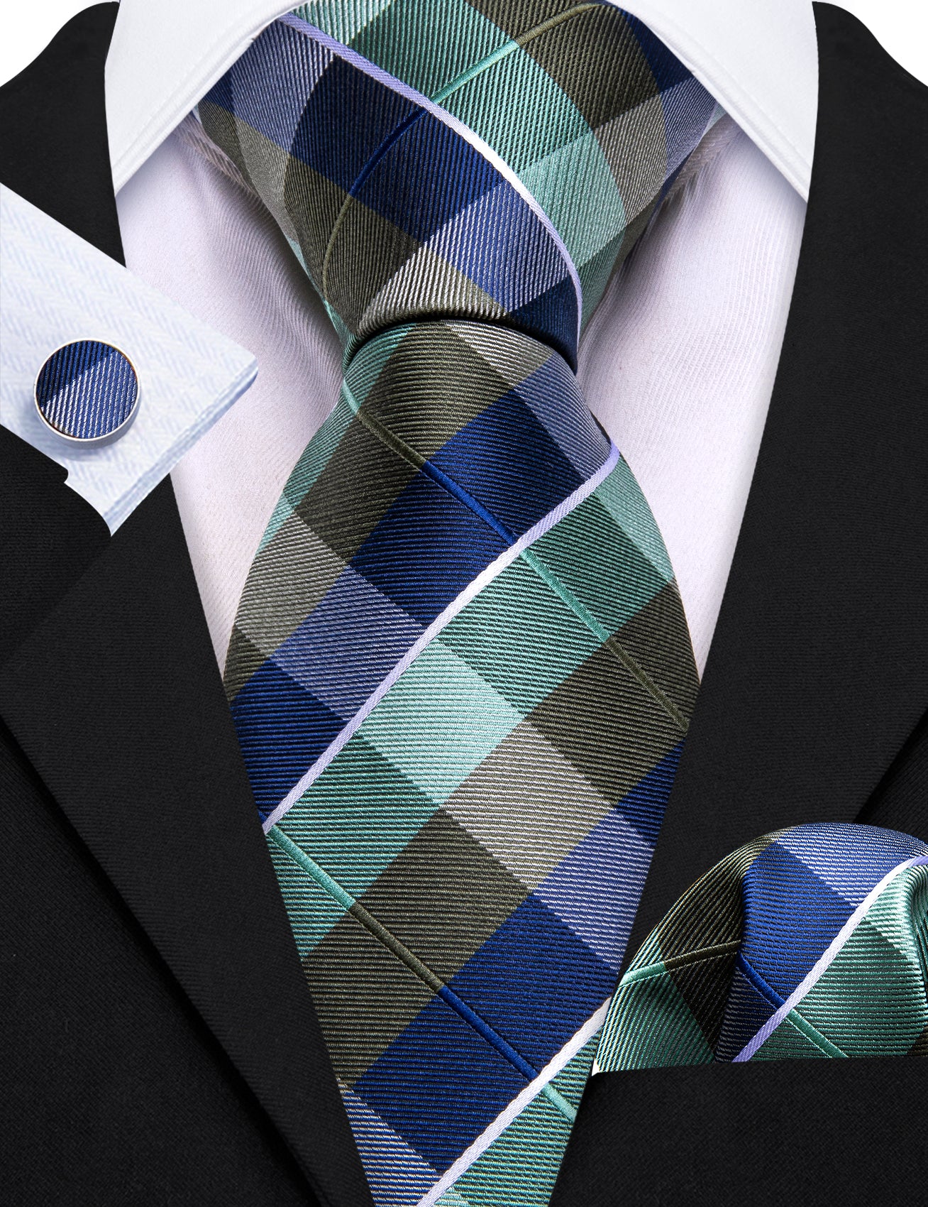 Blue Brown Sage Green white checkered men's  plaid necktie