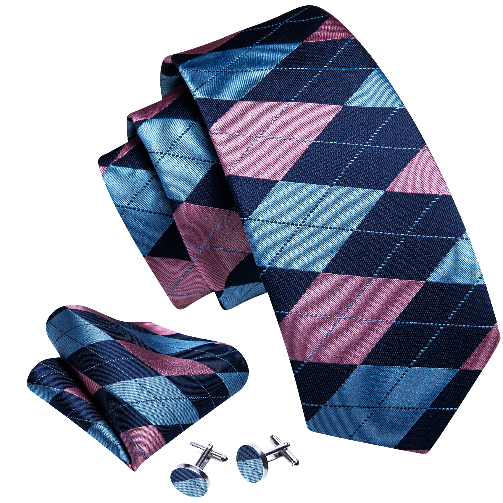 Beautiful Blue Pink Plaid Silk Tie Pocket Square Cufflinks Set