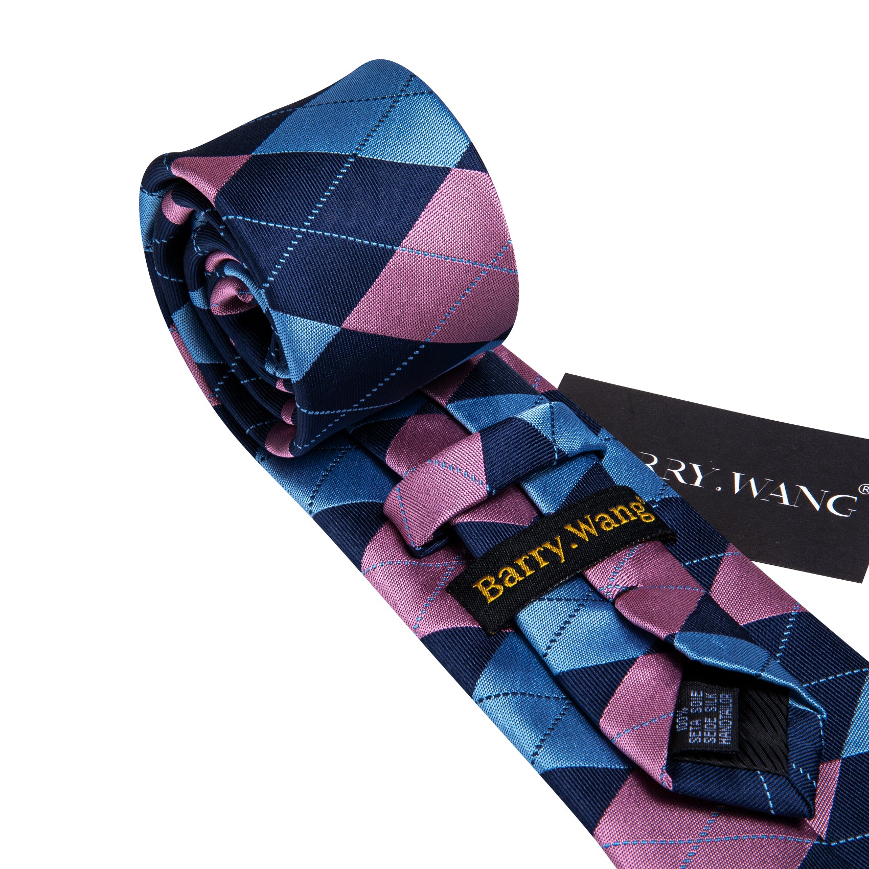 Beautiful Blue Pink Plaid Silk Tie Pocket Square Cufflinks Set