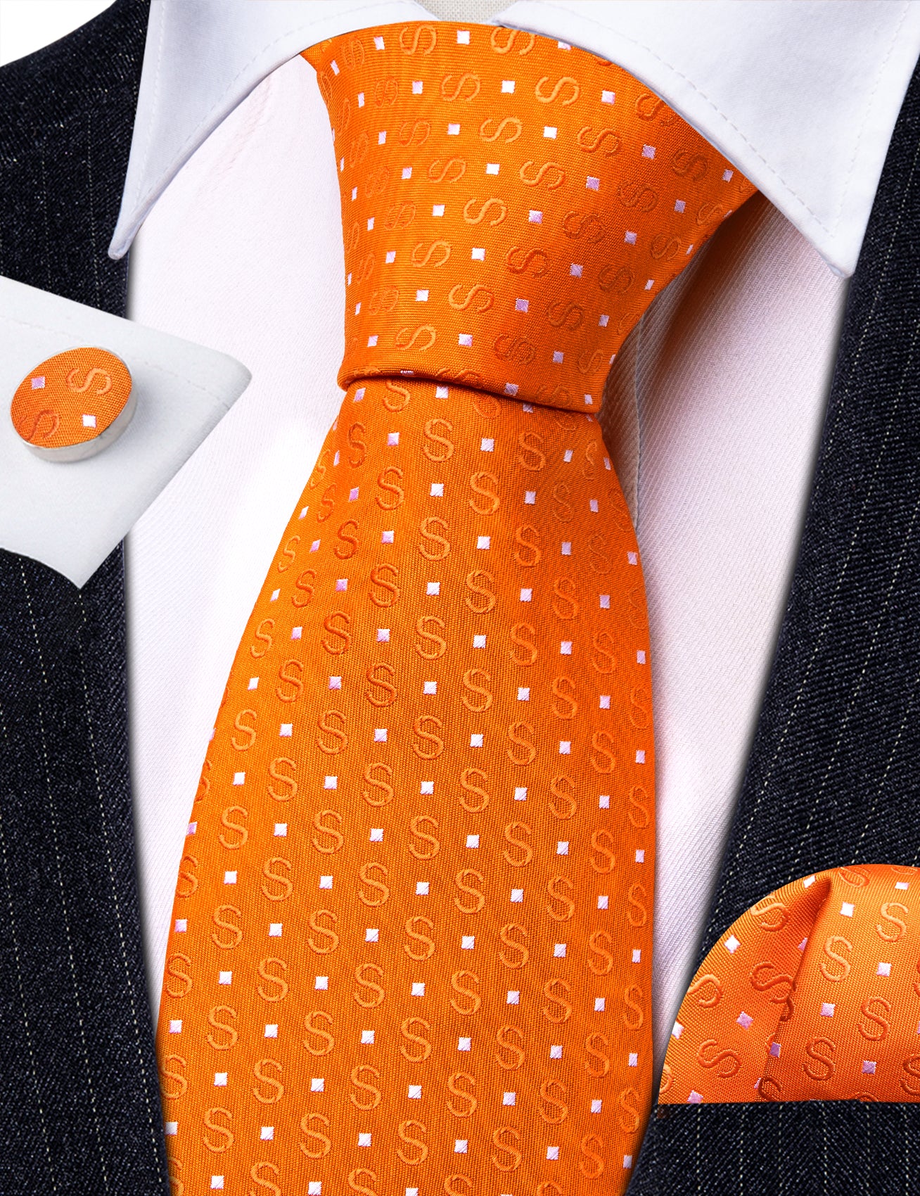 Orange White Floral Silk Tie Pocket Square Cufflinks Set