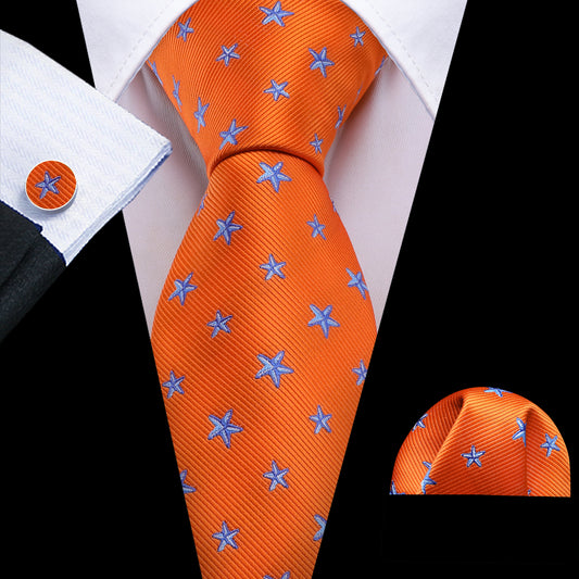 Barry. Wang Orange Blue Star Silk Tie Pocket Square Cufflinks Set