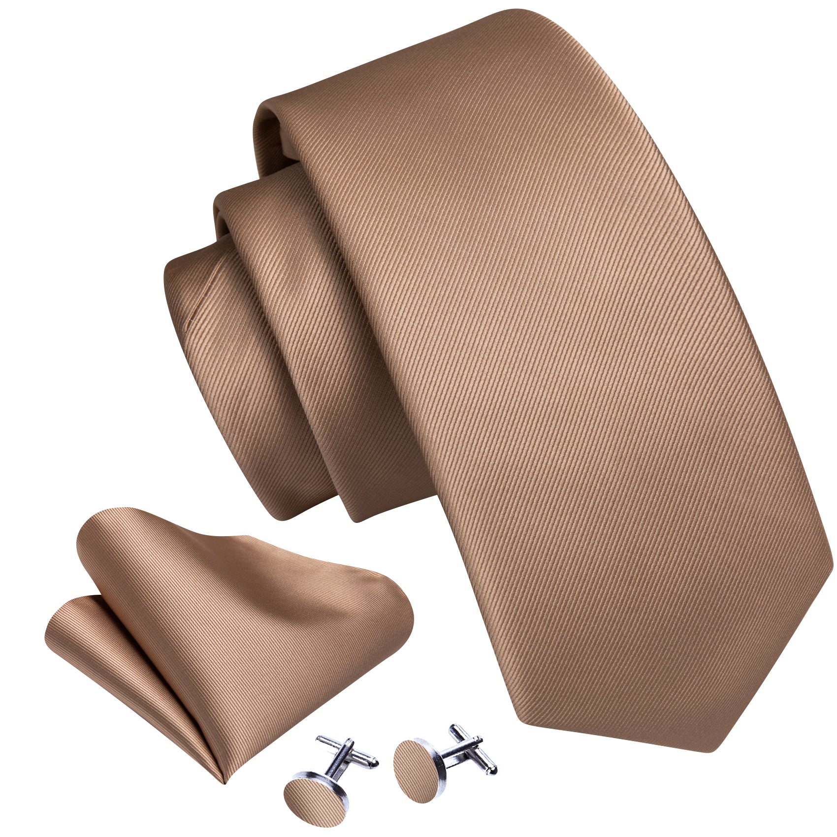 Tan Solid Silk Tie Pocket Square Cufflinks Set
