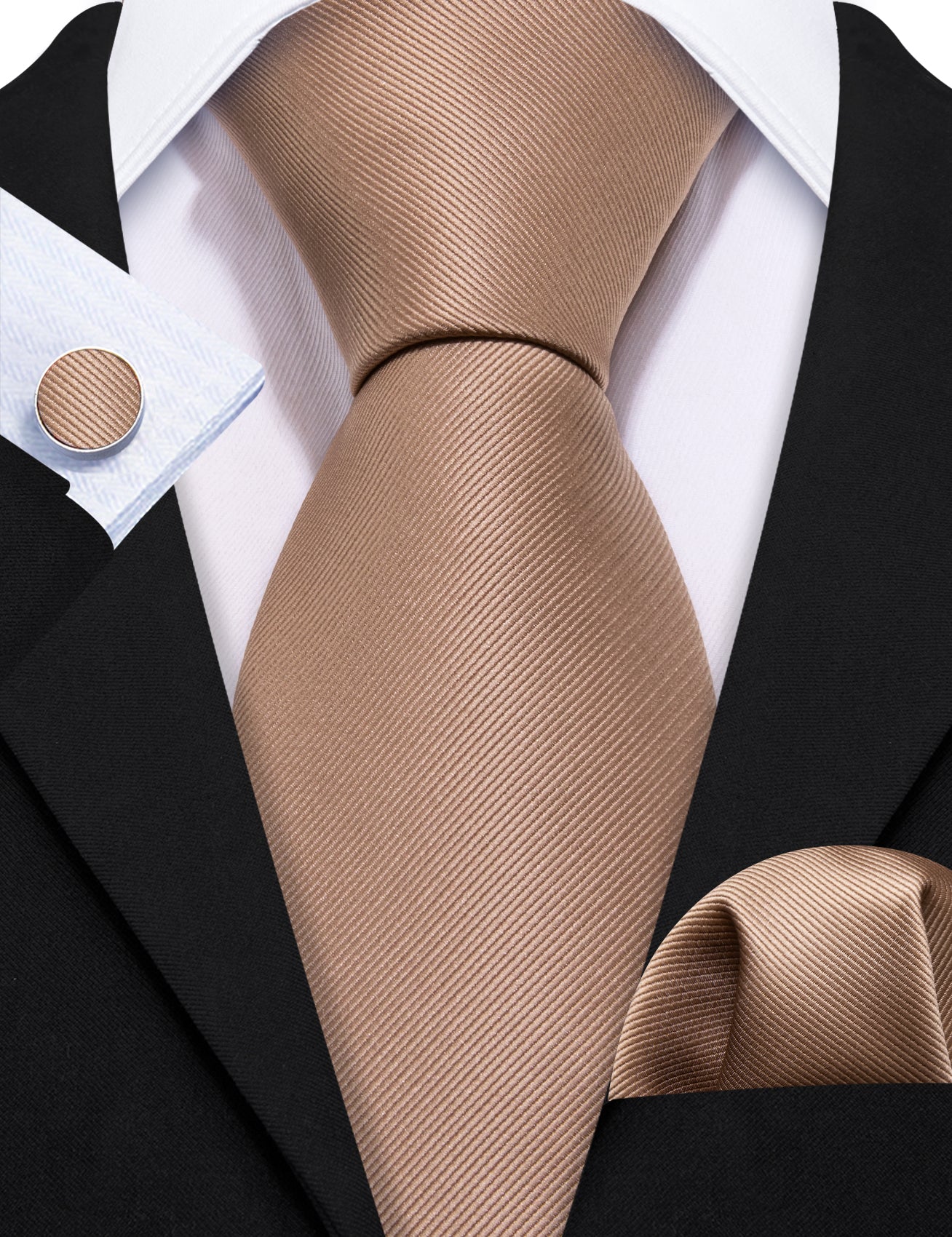 Tan Solid Silk Tie Pocket Square Cufflinks Set