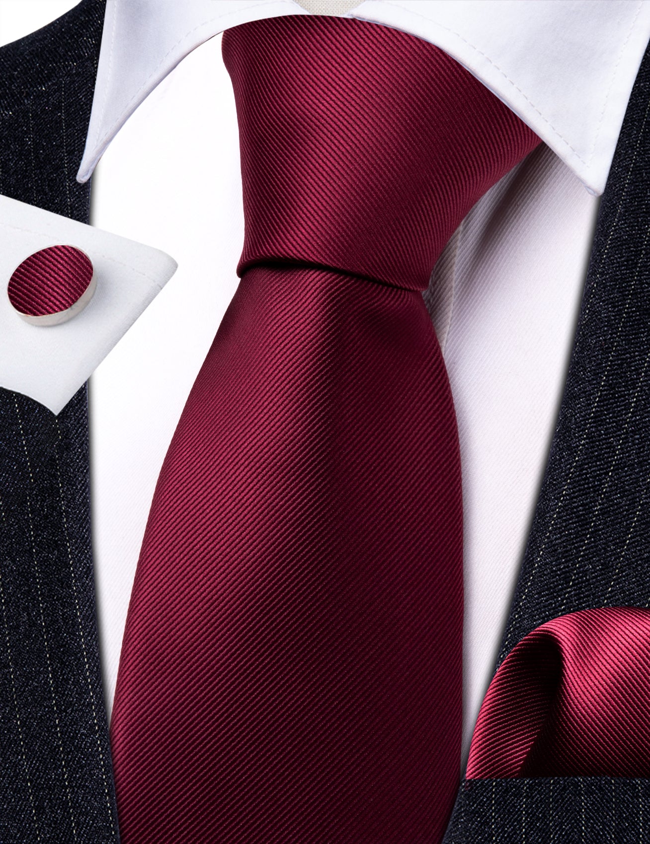 Bright Dark Red Solid Silk Tie Pocket Square Cufflinks Set