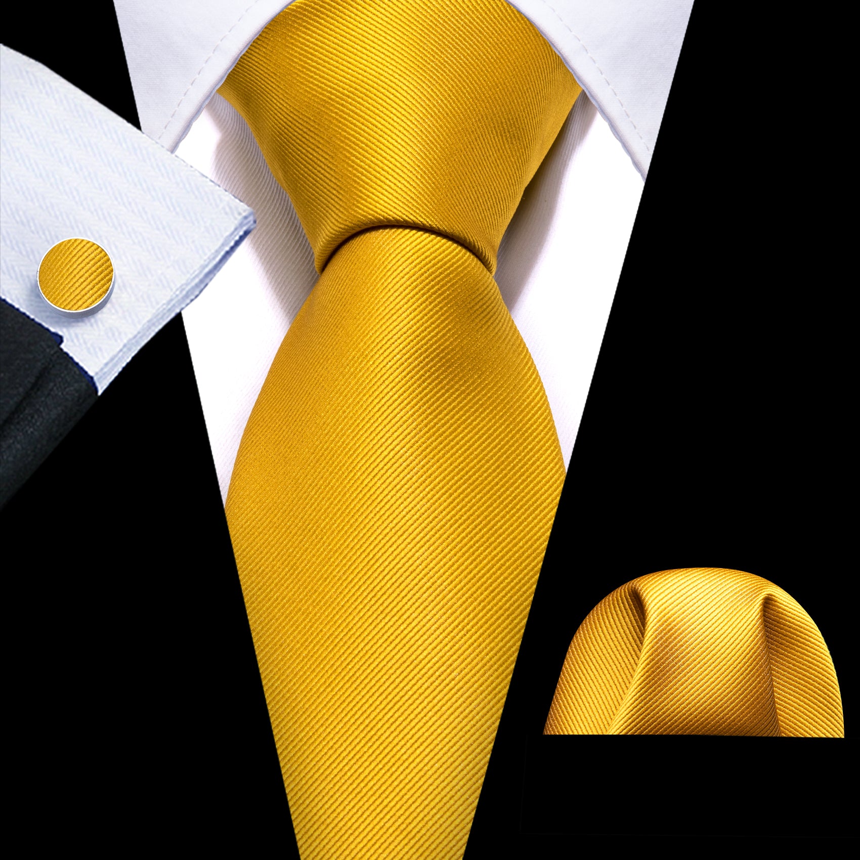 Gold Yellow Solid Silk Tie Pocket Square Cufflinks Set
