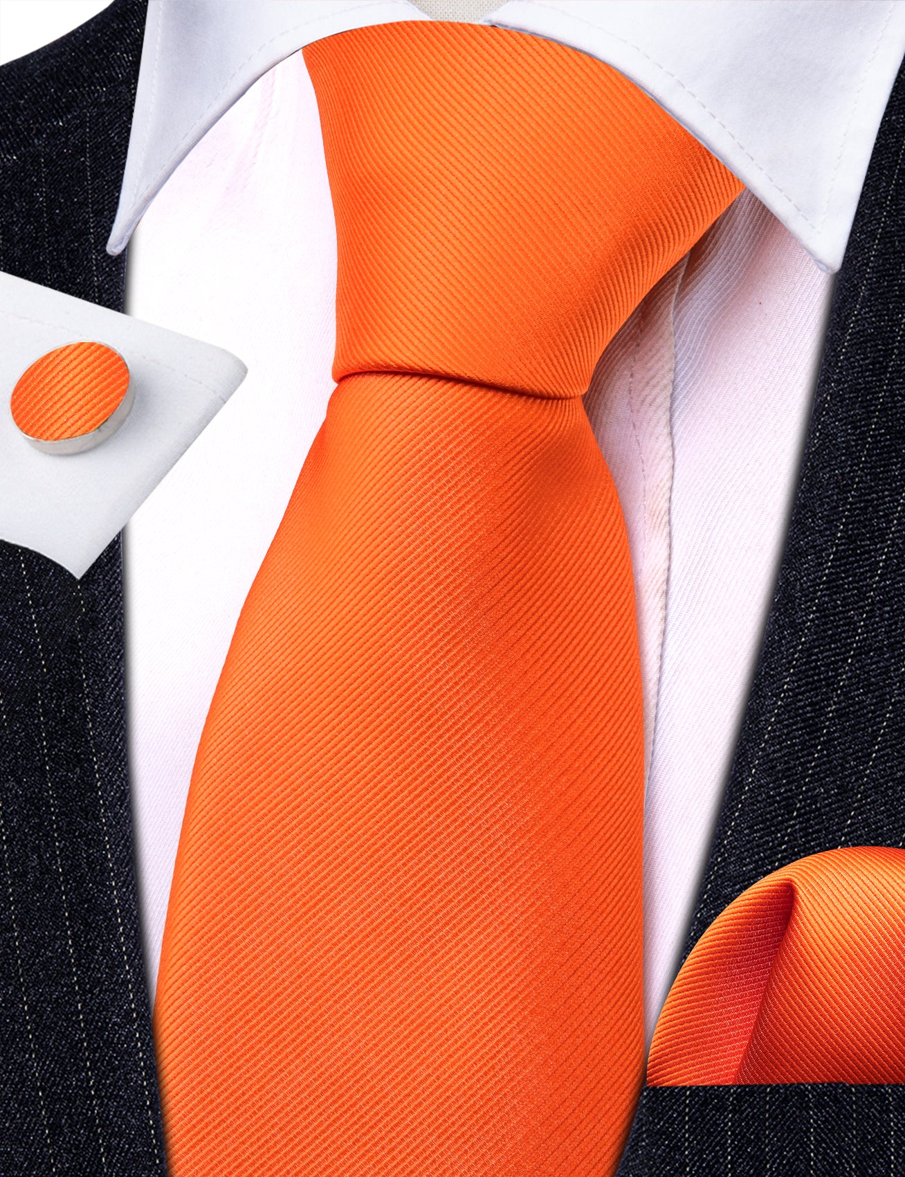 Barry.wang Orange Tie Woven Solid Silk Tie Pocket Square Cufflinks Set