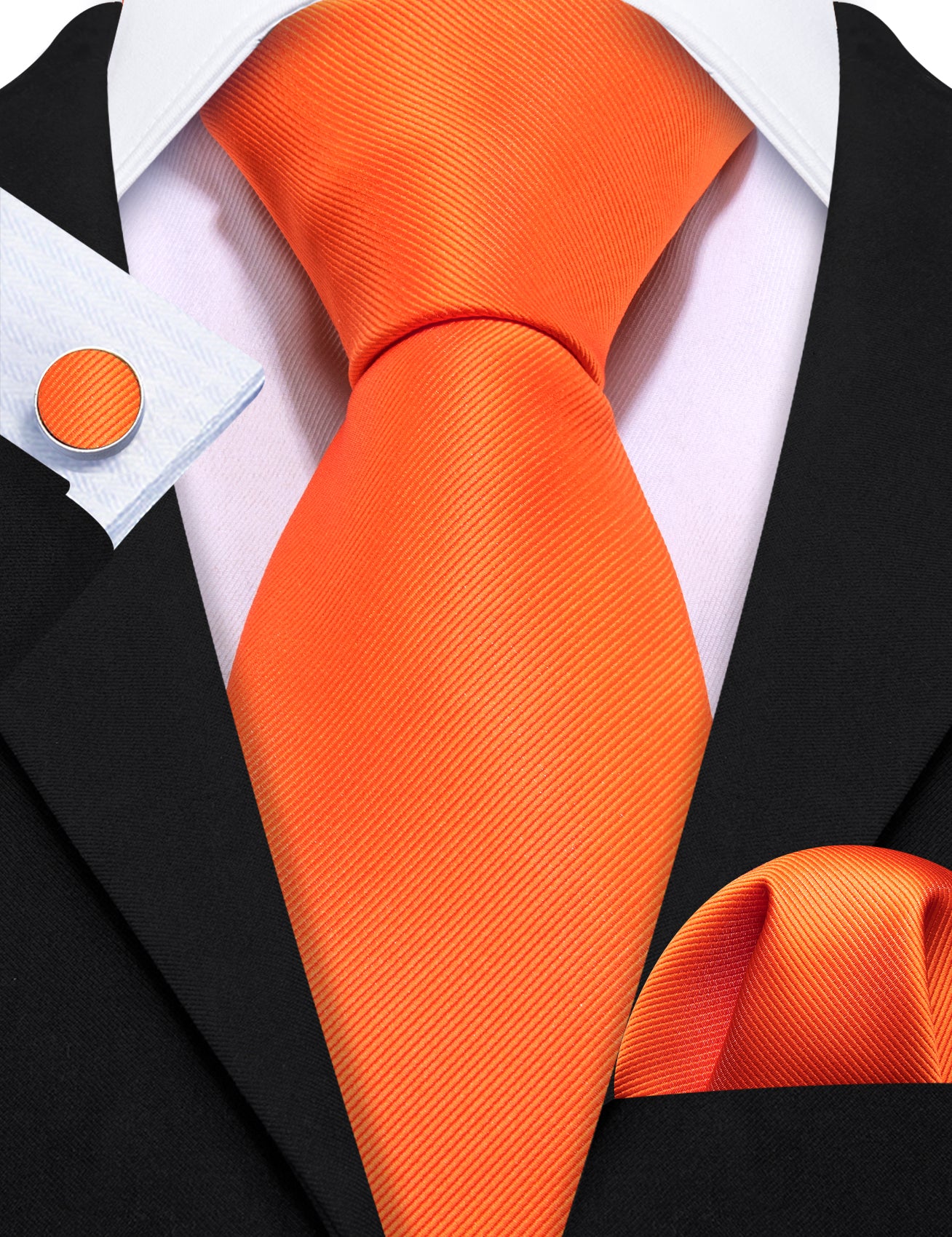 Bright Orange Solid Silk Tie Pocket Square Cufflinks Set