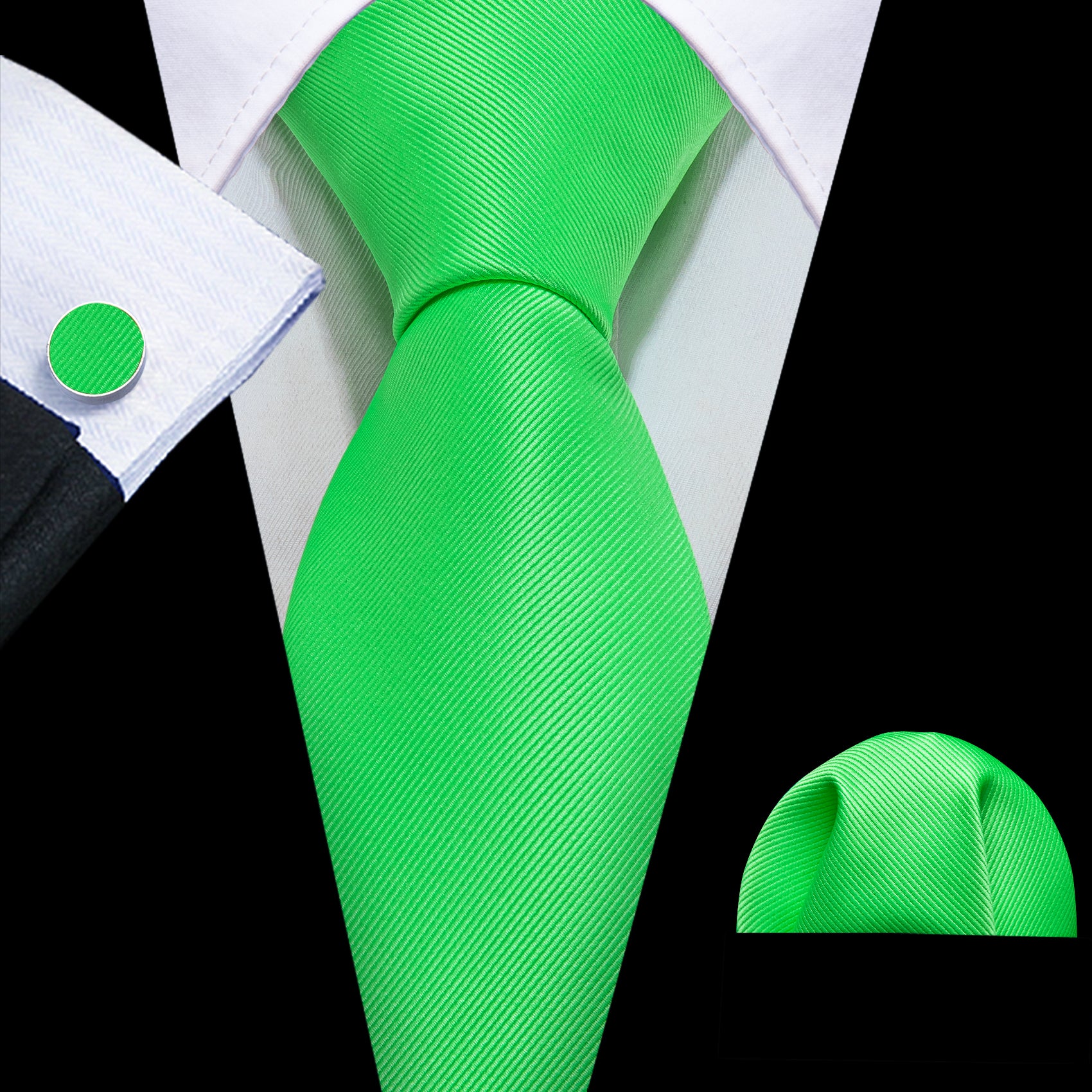 Bright Lime Green Solid Silk Tie Handkerchief Cufflinks Set