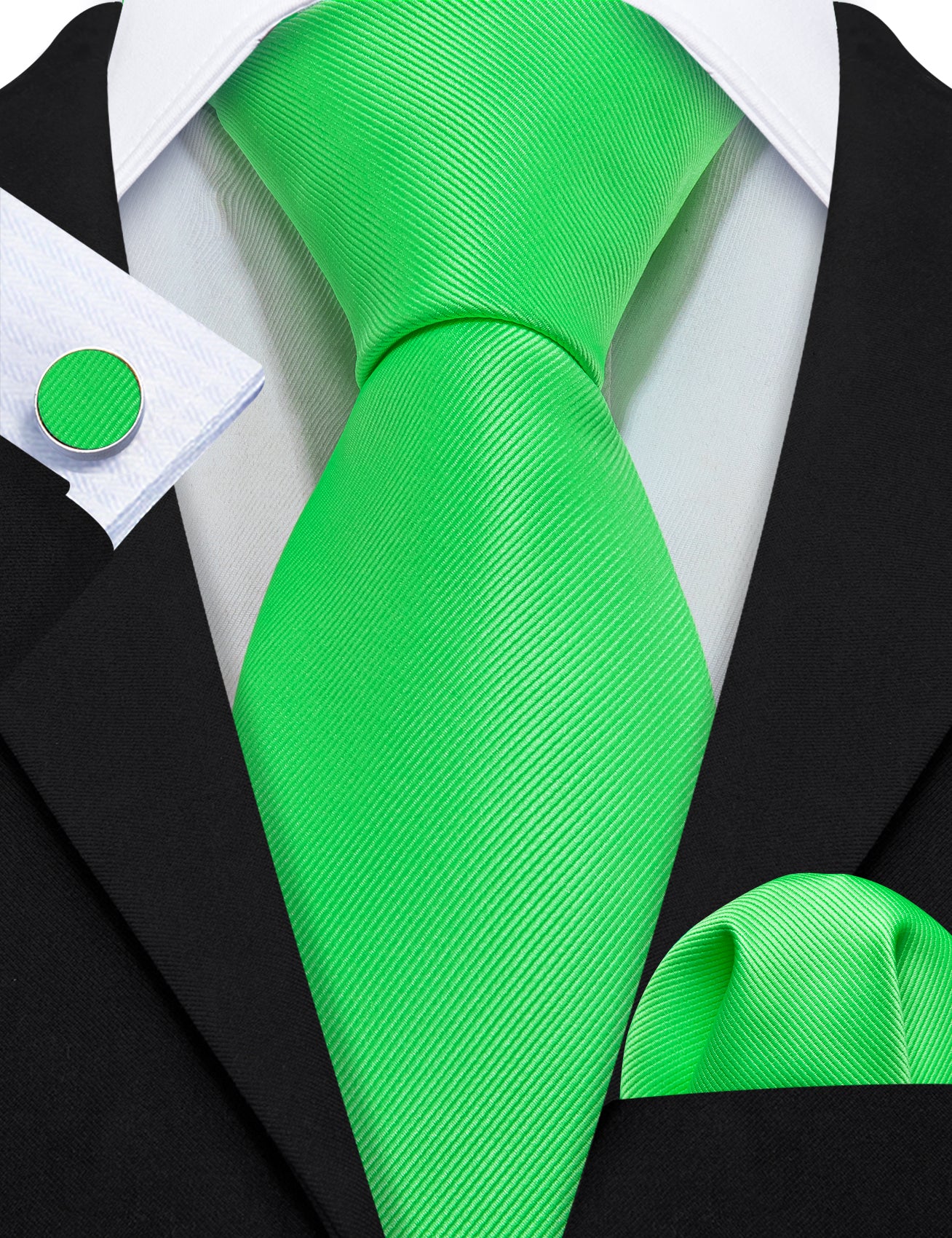 Bright Green Solid Silk Tie Handkerchief Cufflinks Set