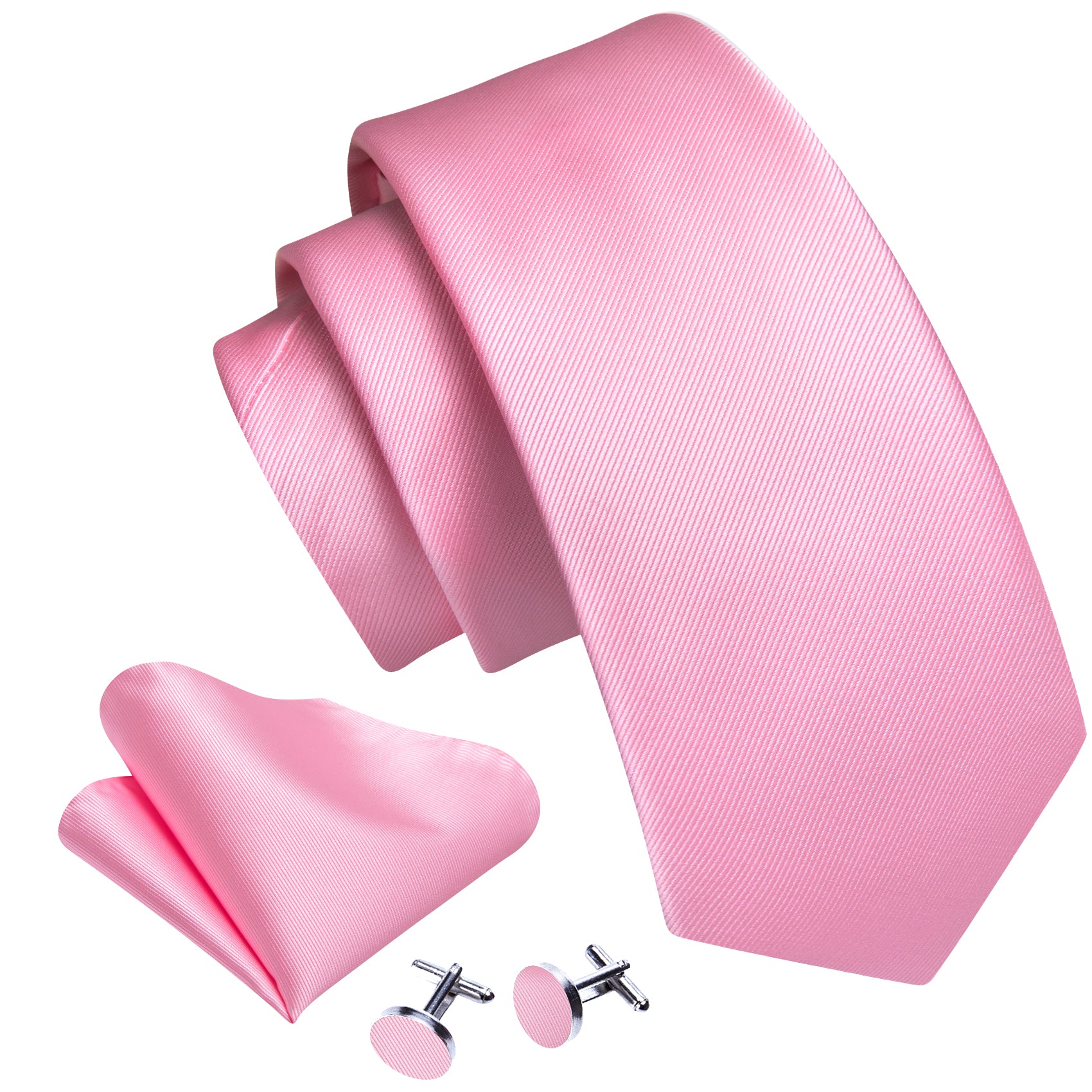 Beautiful Pink Solid Silk Tie Pocket Square Cufflinks Set