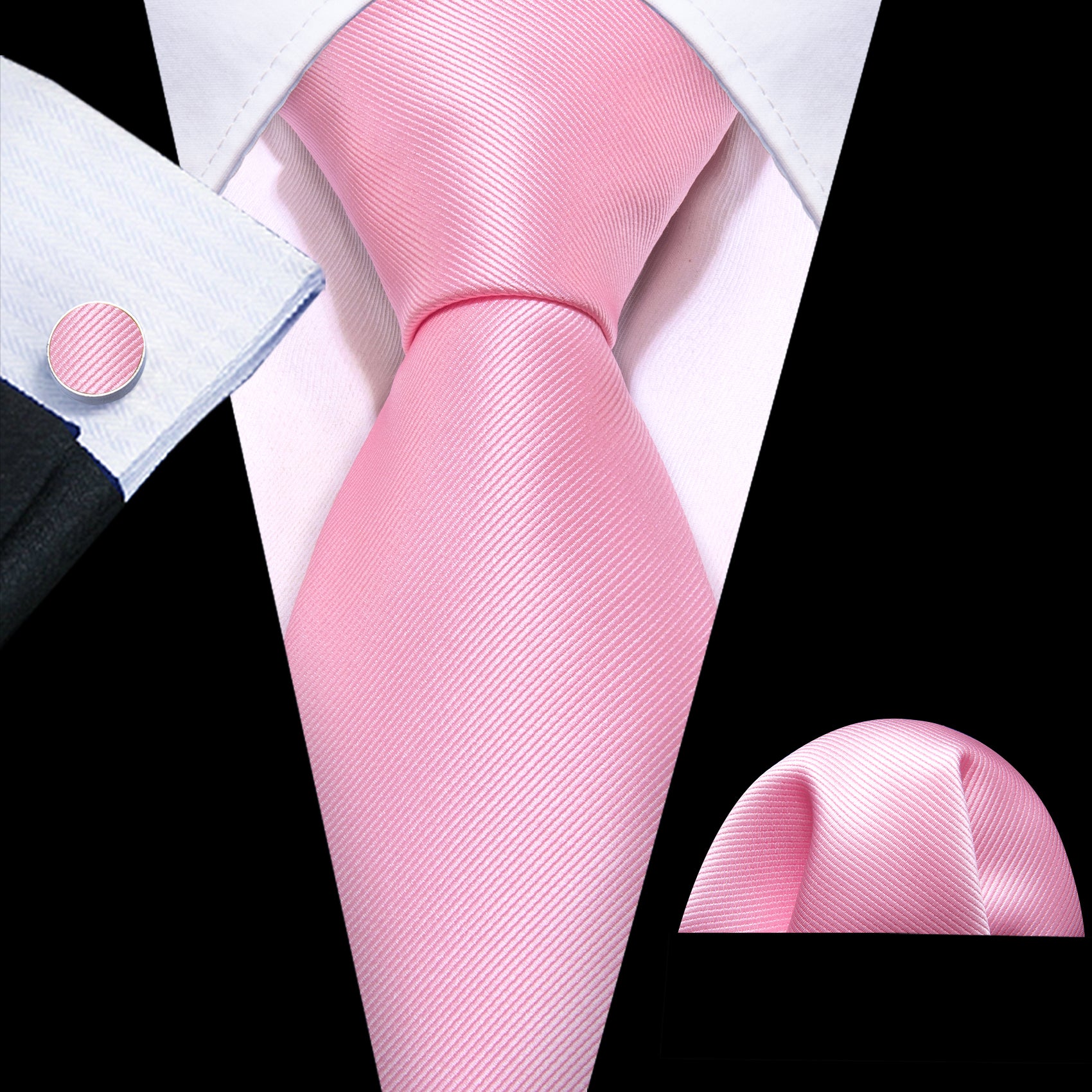 Beautiful Pink Solid Silk Tie Pocket Square Cufflinks Set
