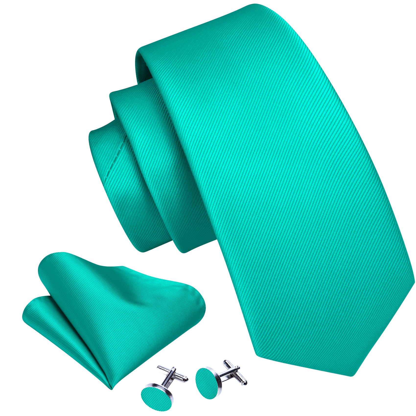 Aqua Solid Silk Tie Pocket Square Cufflinks Set