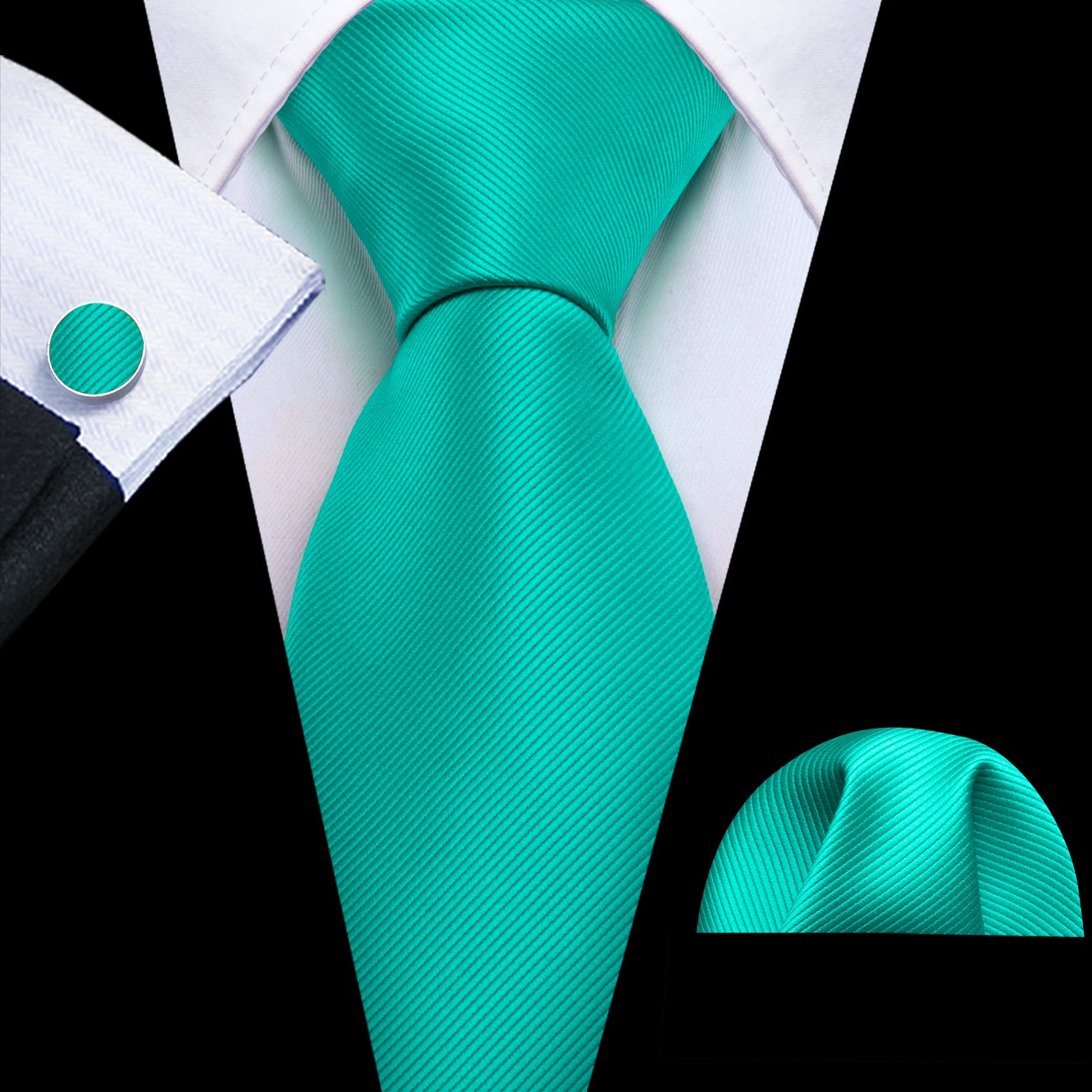 Aqua Solid Silk Tie Pocket Square Cufflinks Set