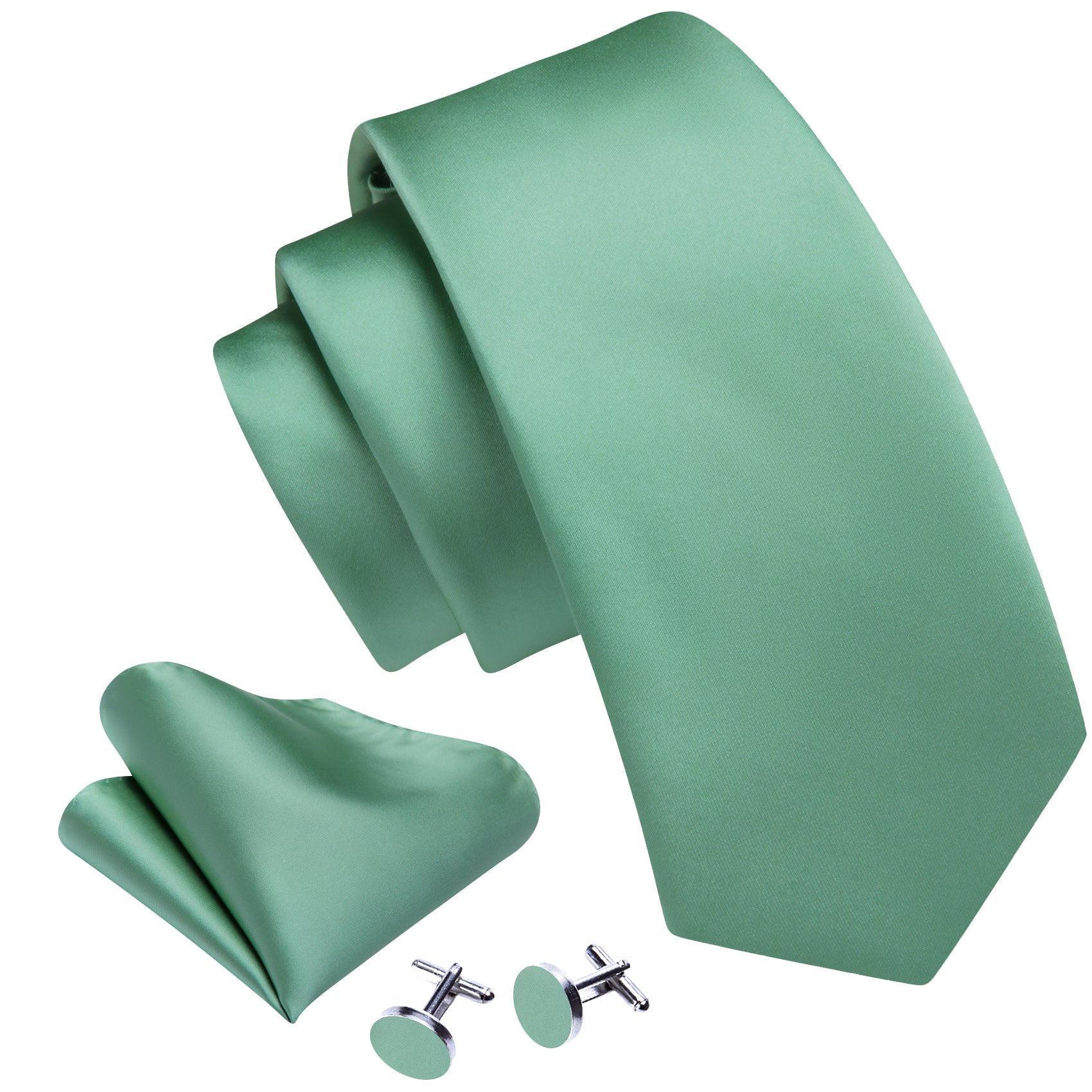 Barry Wang Men's Tie Turquoise Green Solid Silk Tie Handkerchief Cufflinks Set
