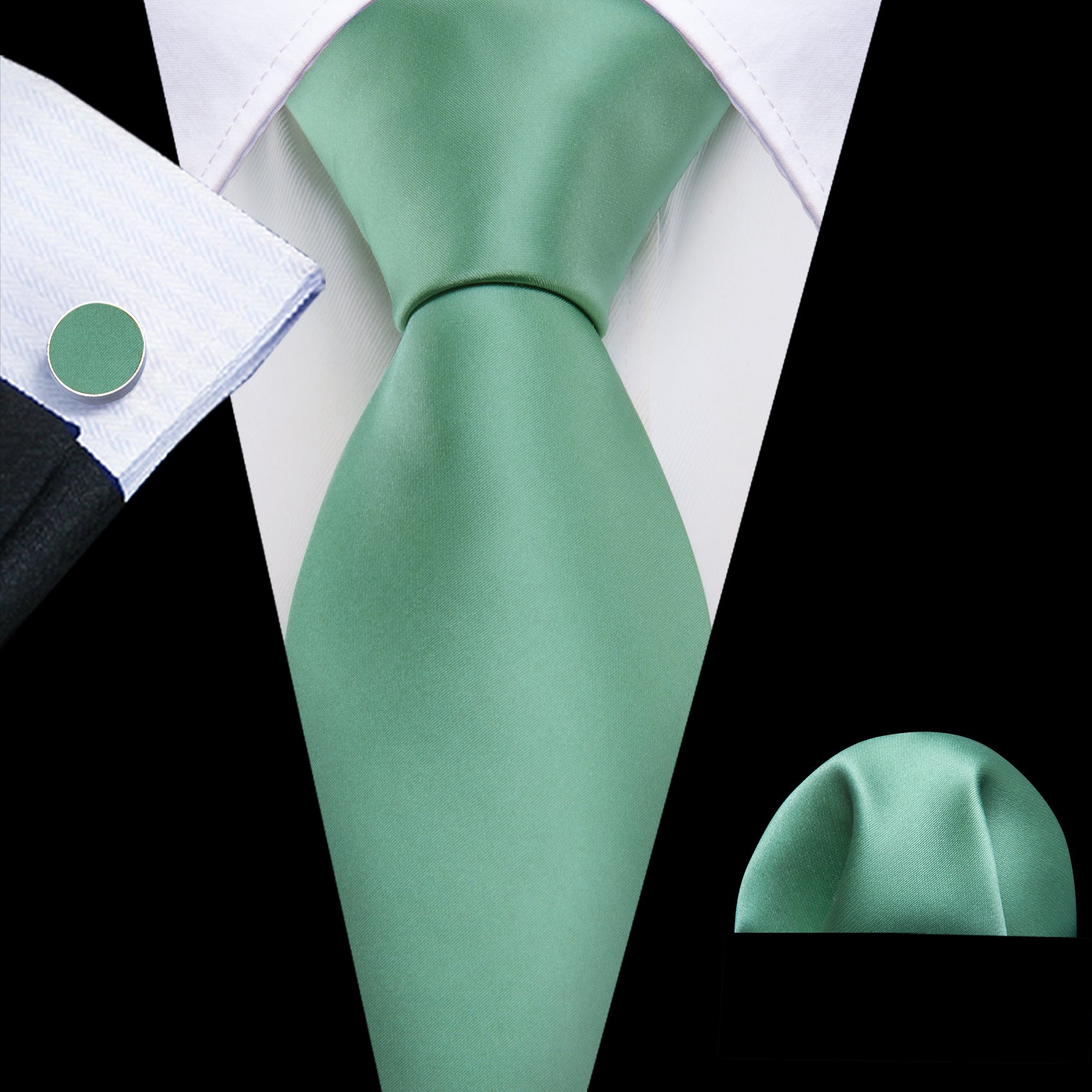 Barry Wang Men's Tie Turquoise Green Solid Silk Tie Handkerchief Cufflinks Set