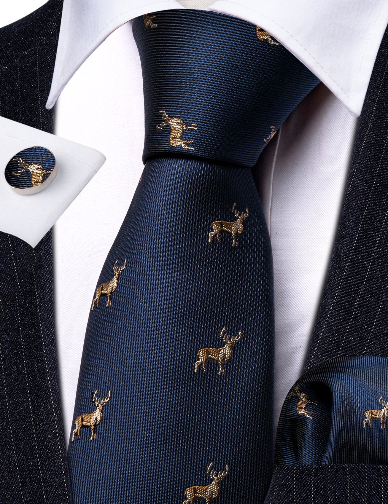 Deep Blue Deer Floral Silk Necktie Pocket Square Cufflinks Set