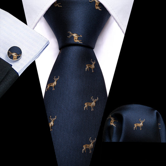Deep Blue Deer Floral Silk Necktie Hanky Cufflinks Set