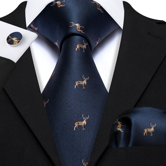 Deep Blue Deer Floral Silk Necktie Hanky Cufflinks Set