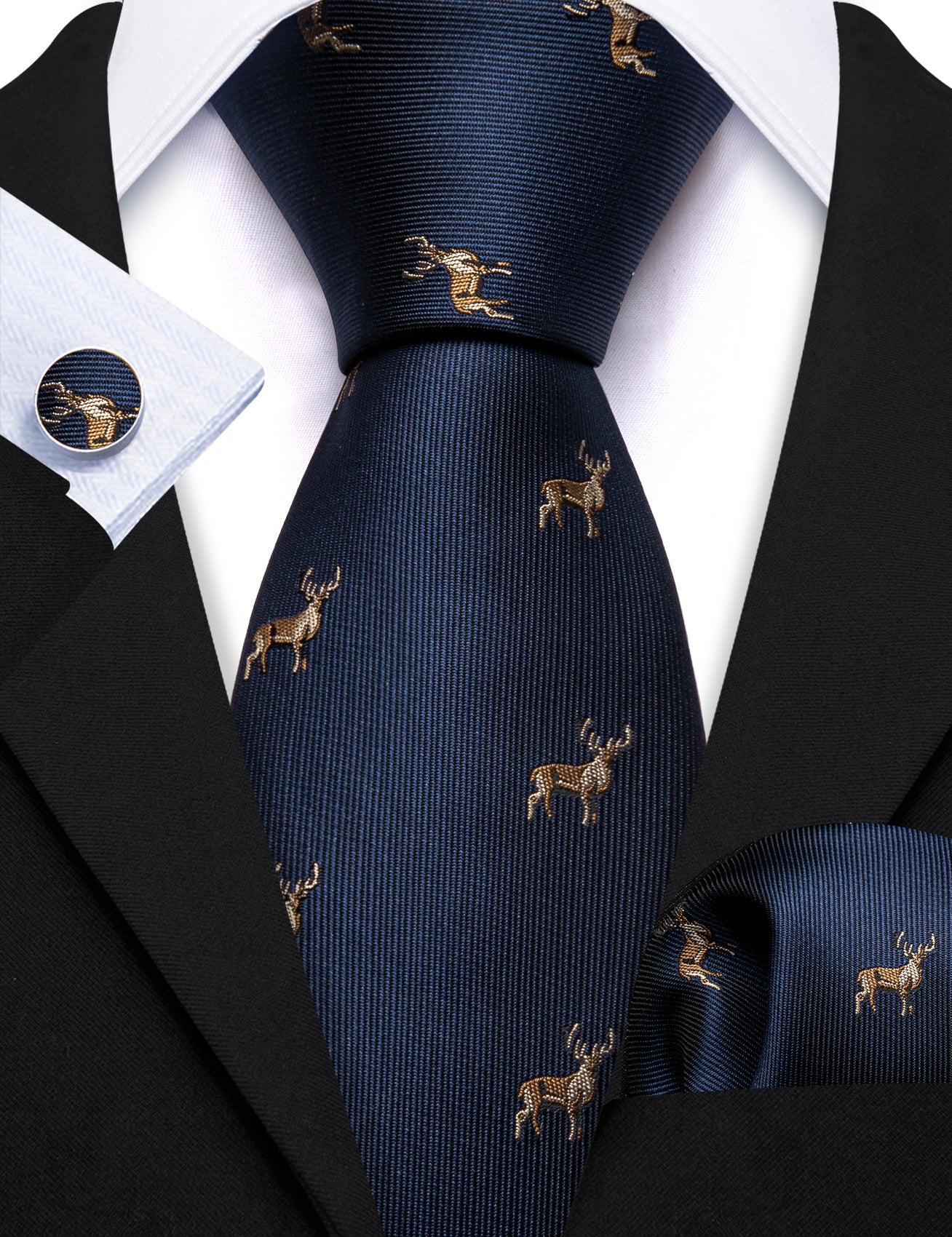 Deep Blue Deer Floral Silk Necktie Pocket Square Cufflinks Set