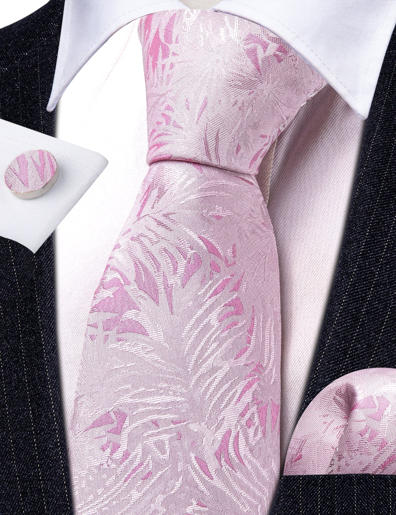 Pink White Floral Silk Tie Pocket Square Cufflinks Set