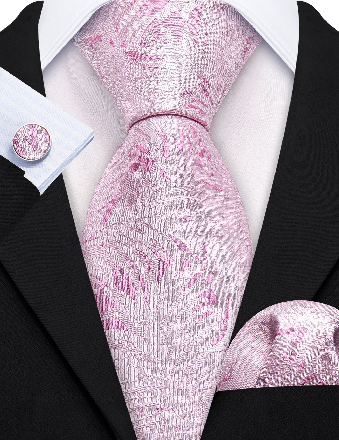 Pink White Floral Silk Tie Pocket Square Cufflinks Set