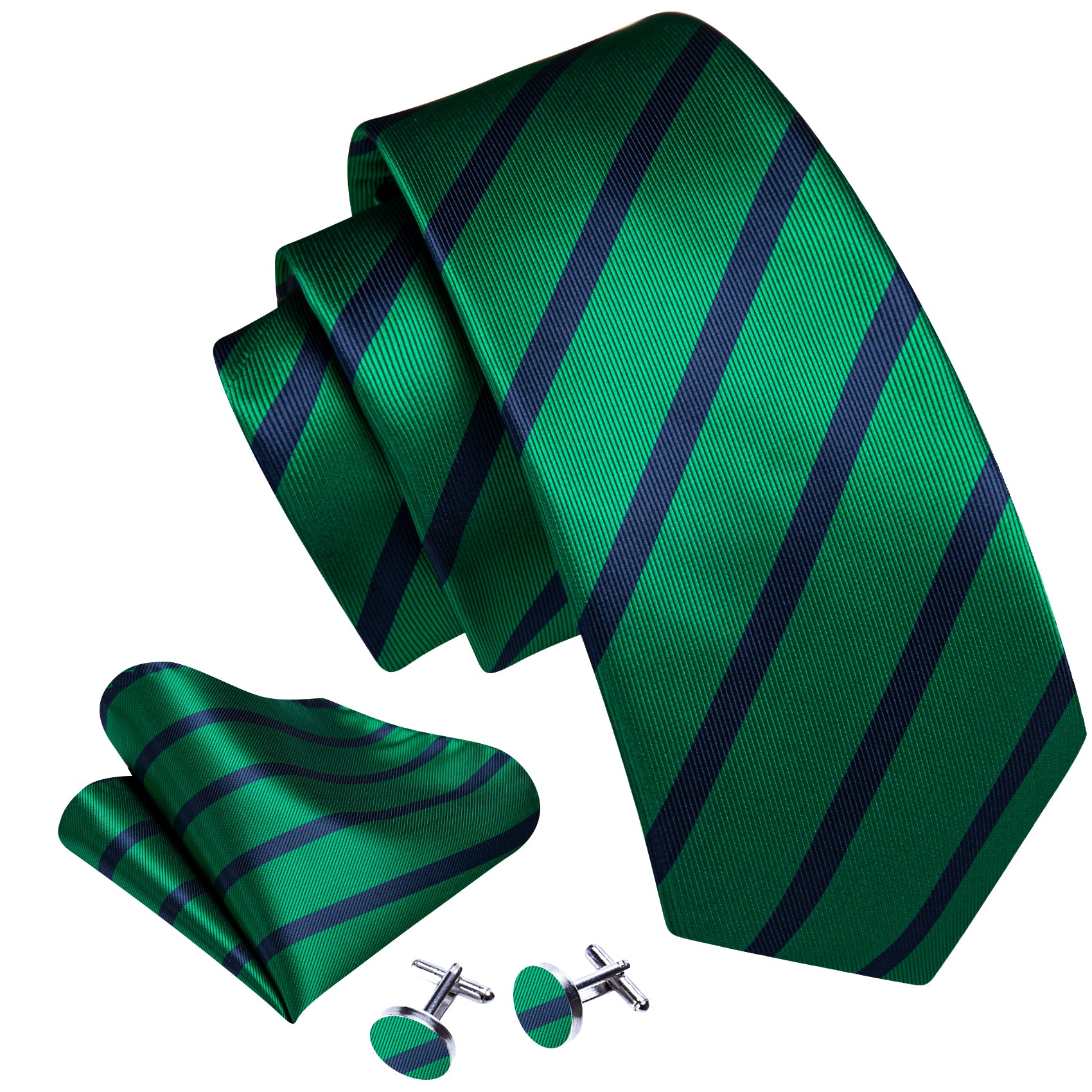 Green Blue Striped Silk Tie Pocket Square Cufflinks Set