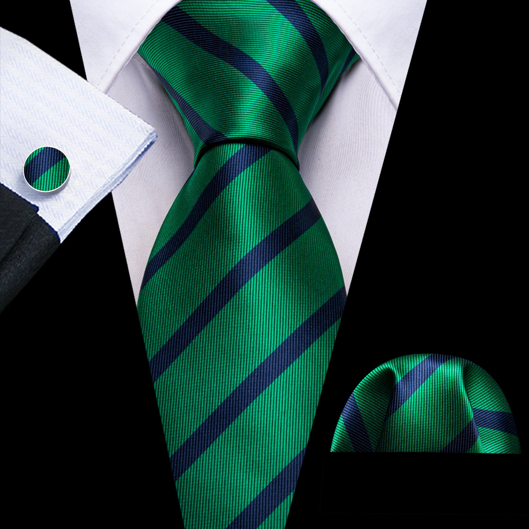 green vlue tie with white shirt and black suit 