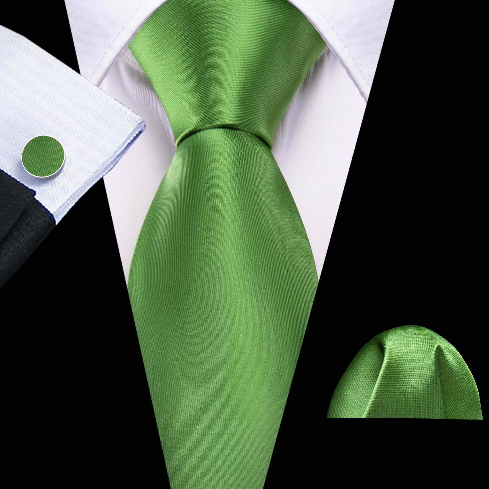  LimeGreen Cobalt Green Solid Silk Tie Handkerchief Cufflinks Set