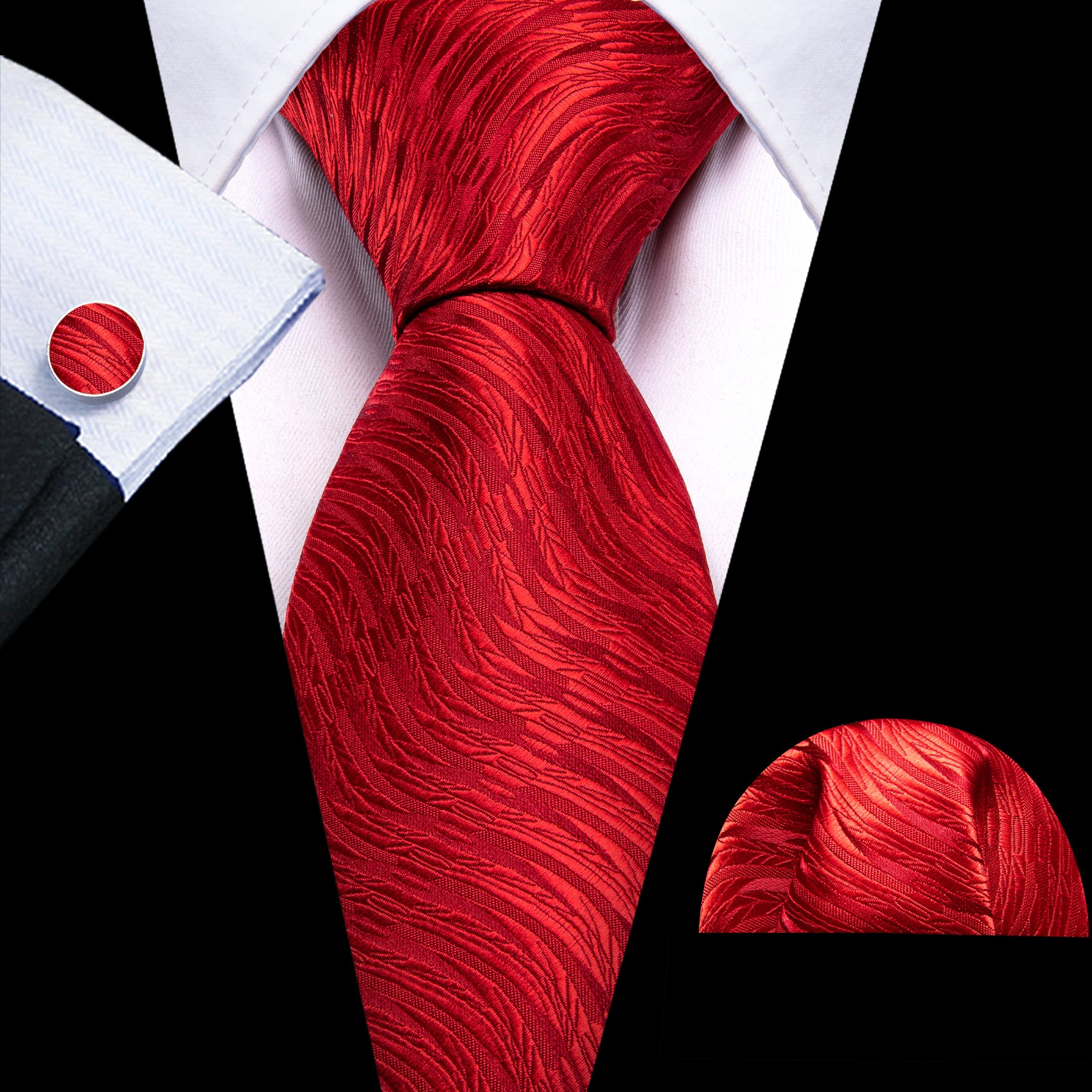 Red Floral Silk Tie Pocket Square Cufflinks Set
