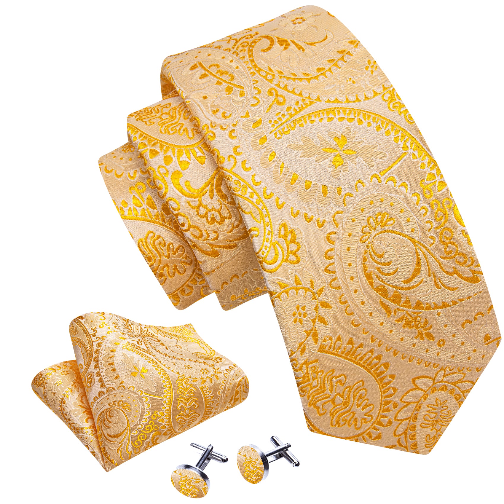 Orange Silver Paisley Silk Tie Handkerchief Cufflinks Set