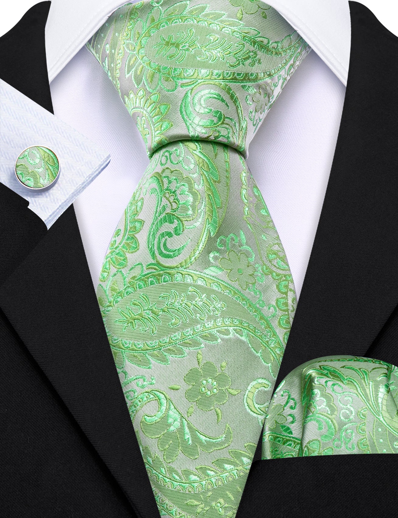 Light Green Paisley Silk Tie Handkerchief Cufflinks Set