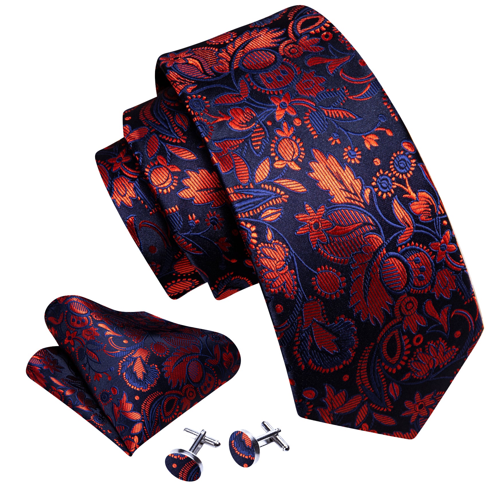 Blue Orange Floral Silk Tie Pocket Square Cufflinks Set