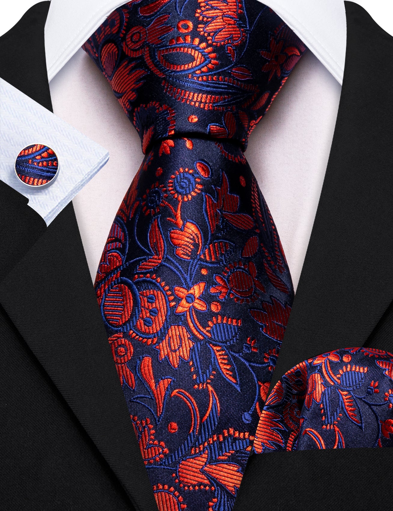 Blue Orange Floral Silk Tie Pocket Square Cufflinks Set