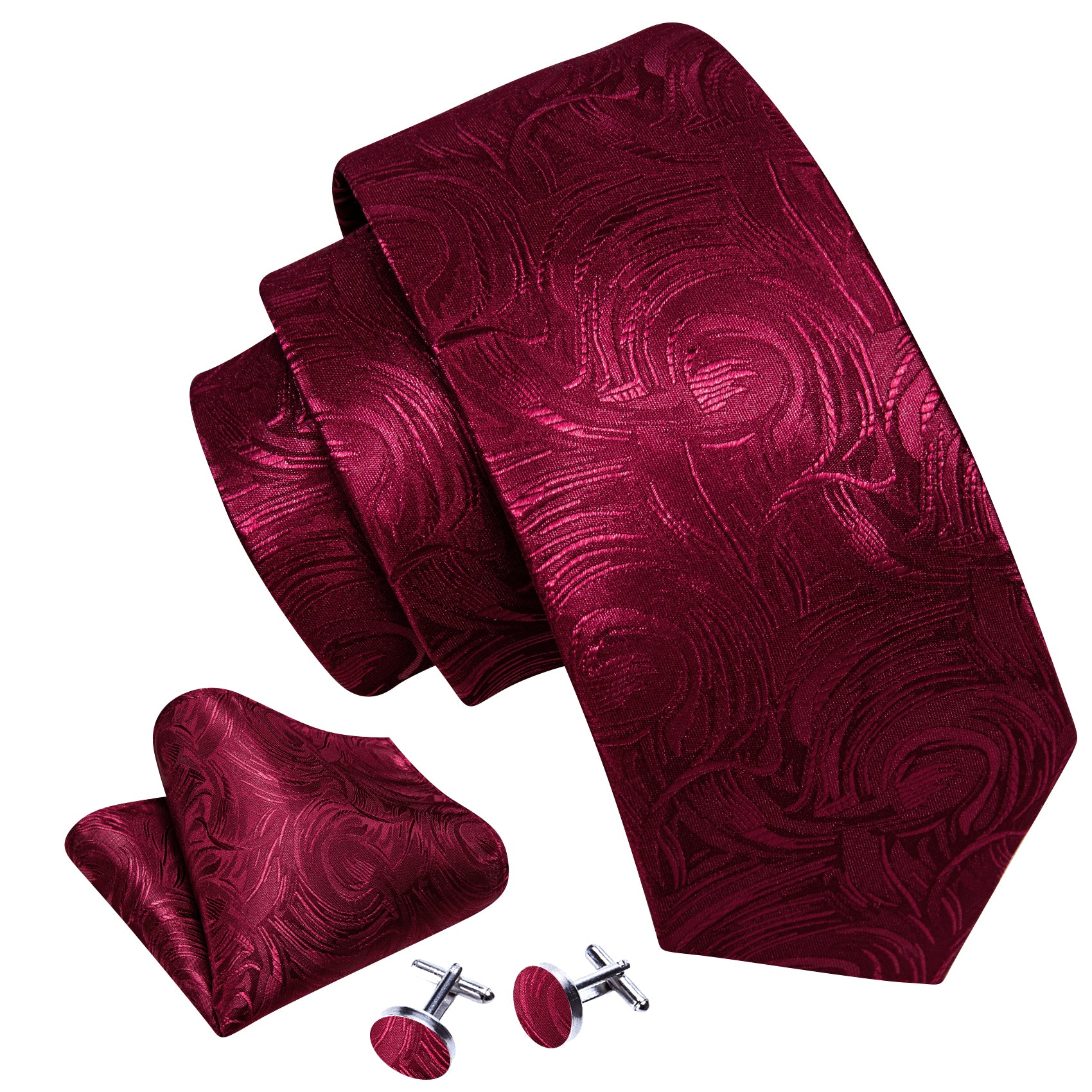 Fire Brick Red Paisley Silk Tie Handkerchief Cufflinks Set