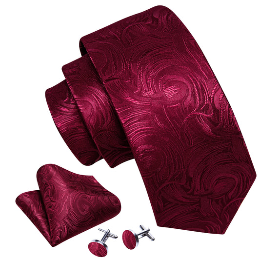  Fire Brick Red Paisley Silk Tie Handkerchief Cufflinks Set